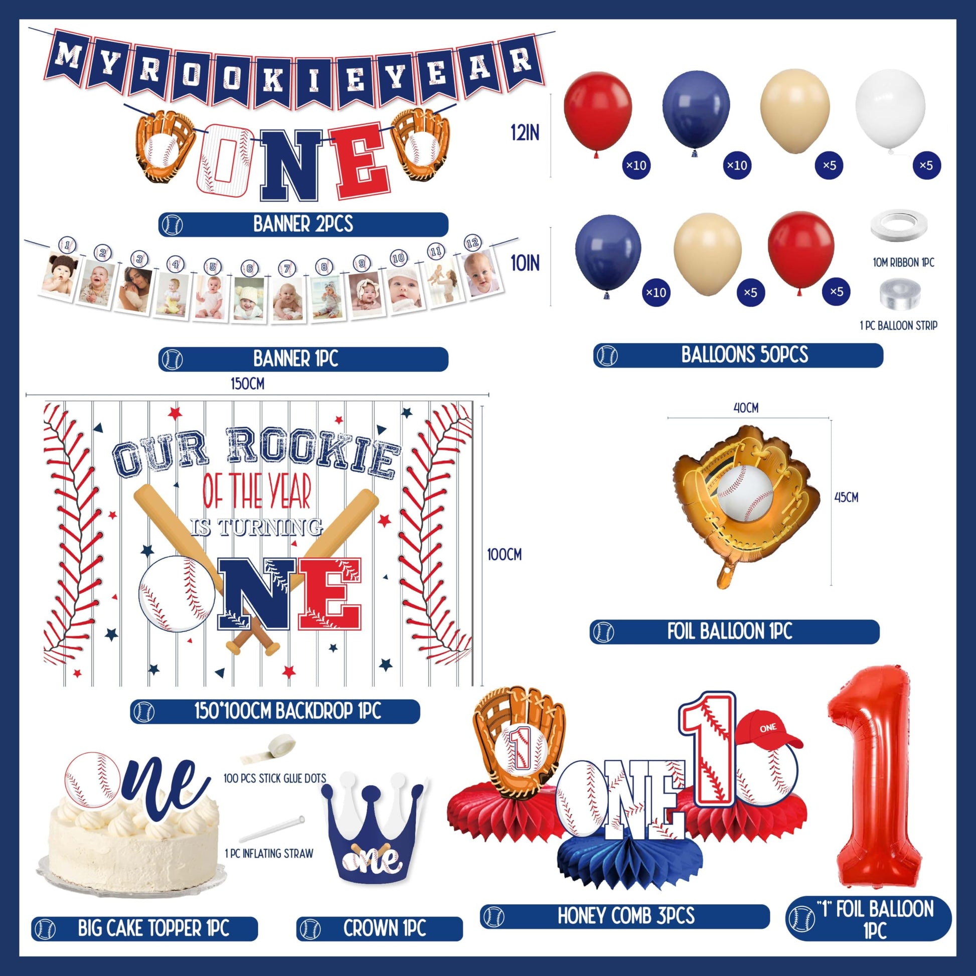 Baseball 1st birthday party decorations boy, our rookie Backdrop,Baseball Balloon Arch,my rookie year banner,first birthday decorations for boy