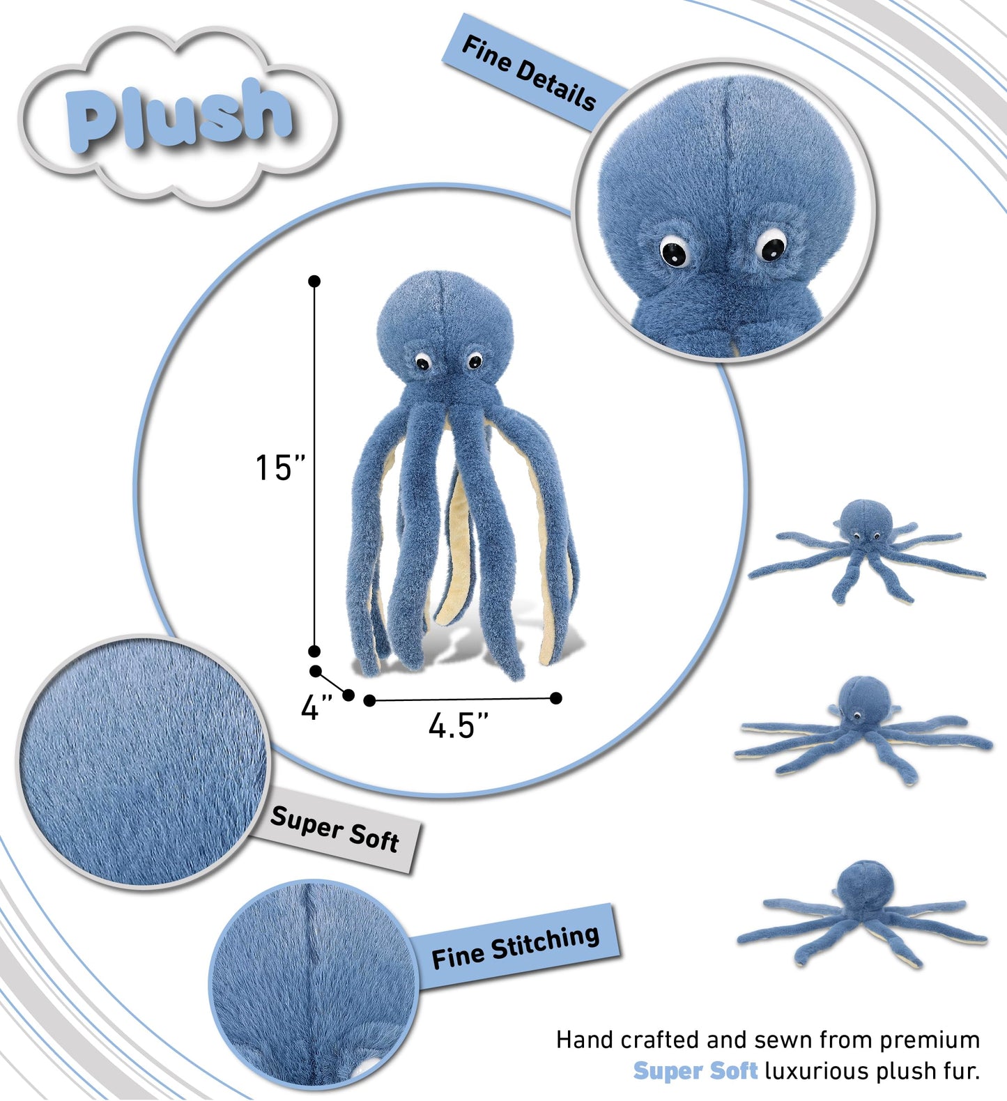 DolliBu Blue Octopus Super Soft Stuffed Animal, Cute Realistic Ocean Stuffed Animals for Girls, Boys, Adults Animal Gifts, Kids Nursery Decor