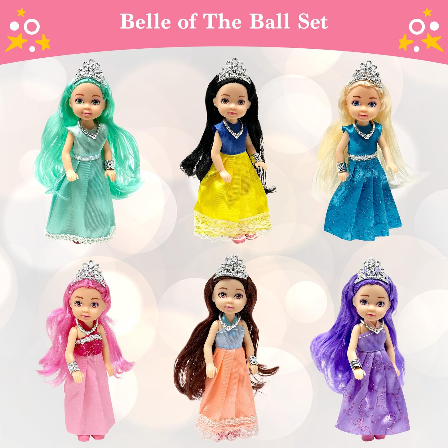 Little Dolls Set with Mini Princess Dolls for Girls - Princess Toy Dolls for Dollhouse -Small Doll Mini Princess Figures with Tiaras, Hair Accessories