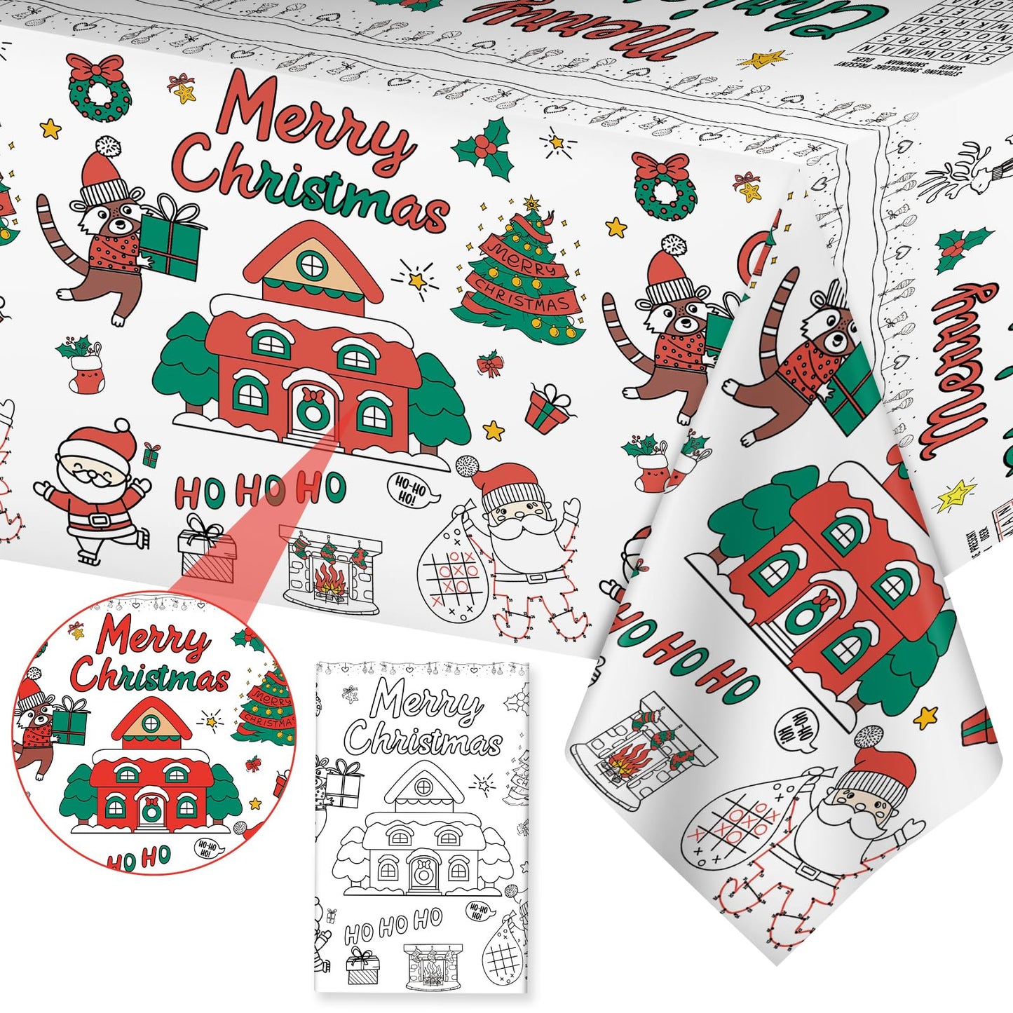Christmas Coloring Tablecloth - Giant Paper Xmas Colorable Table Cloth, Jumbo Merry Christmas Coloring Table Cover Poster Activities Games Crafts