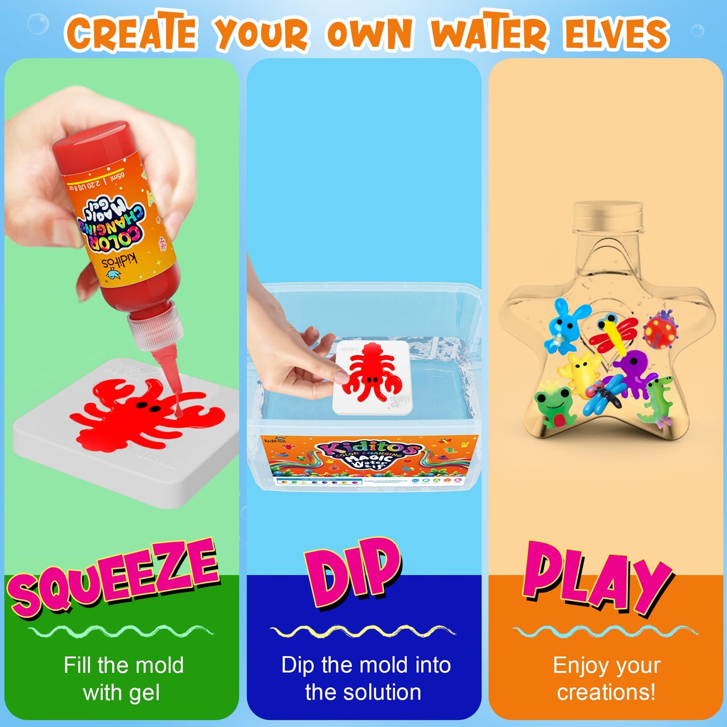 Kiditos Magic Water Elf Toy Kit for Kids, Color-Changing Magic Water Pets Craft Kit with 8 Color-Changing Gels, 10 Molds, Star Bottle, DIY Sensory