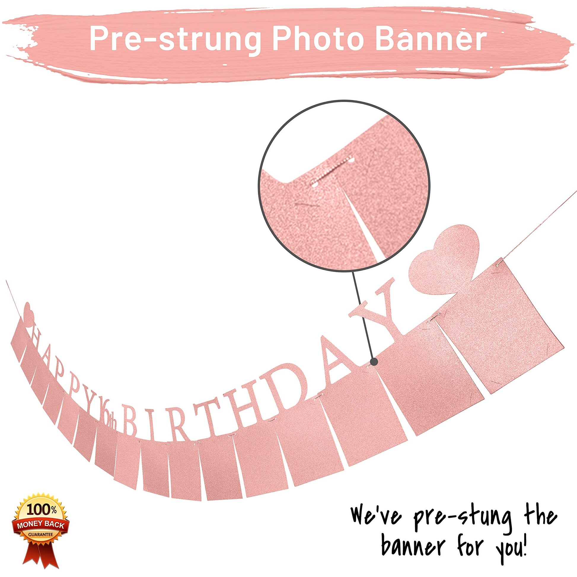 Sweet 16 Birthday Decorations Photo Banner in Rose Gold Pre-assembled - Sweet 16 Banner WITH Sixteen Photo Card Frames Party Supplies - Happy 16th