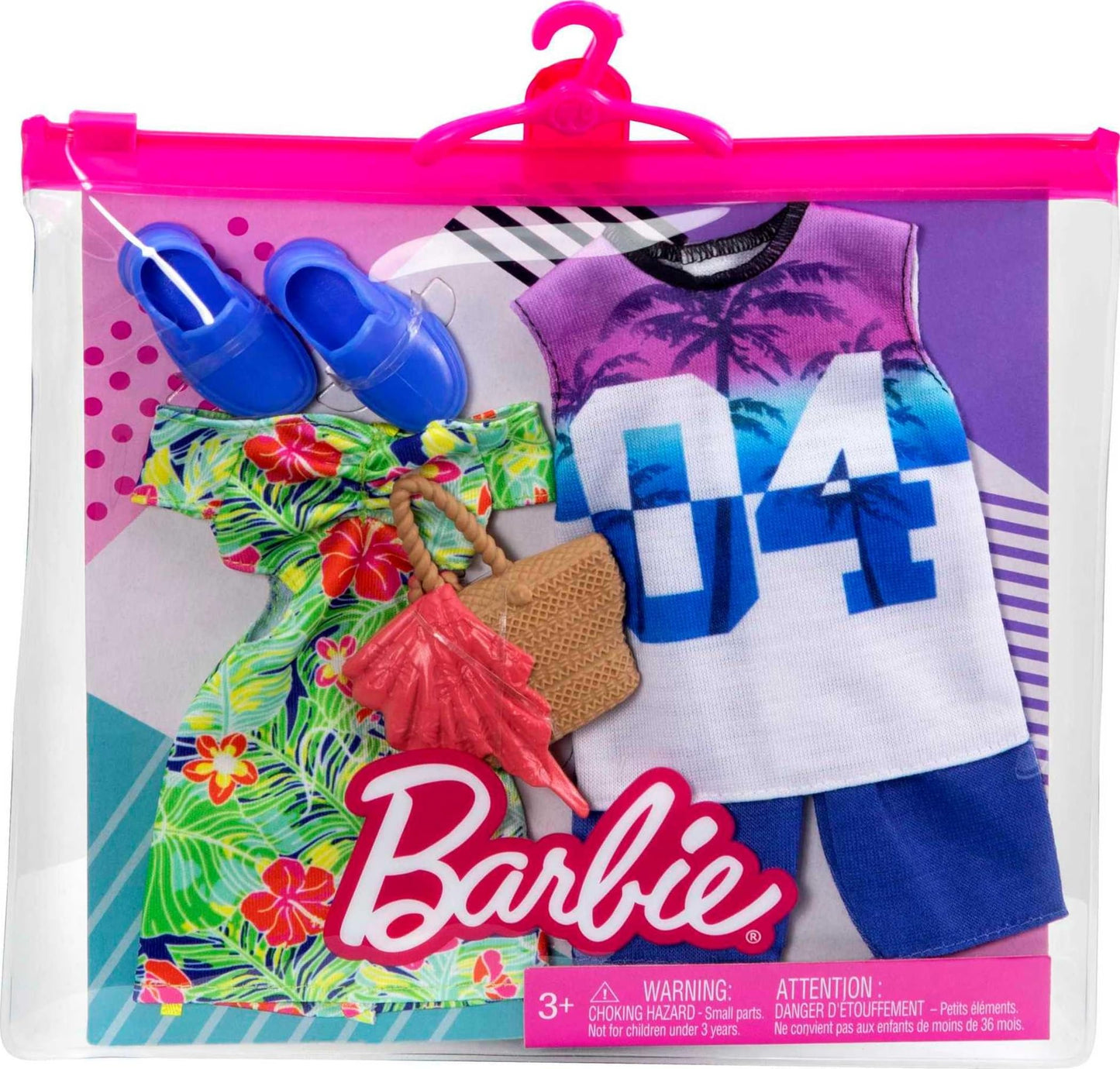 Barbie & Ken Fashions 2-Pack Clothing & Accessories Set, 1 Tropical Dress & Tote for Barbie Doll & 1 Tropical Shirt & Shorts Outfit with Shoes for Ken
