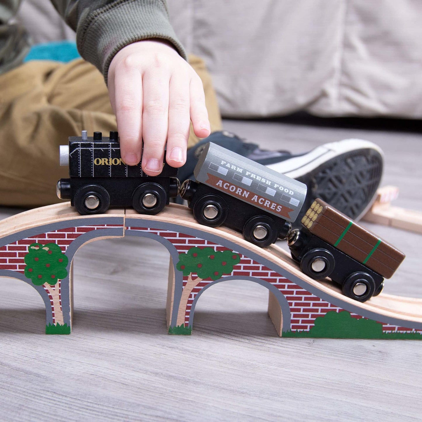 Playtime Express Train Set | 12-Piece Wooden Train Box | Includes Unique Custom Designs and Classics: Recycling Transport, Timber Train, Wheat Car