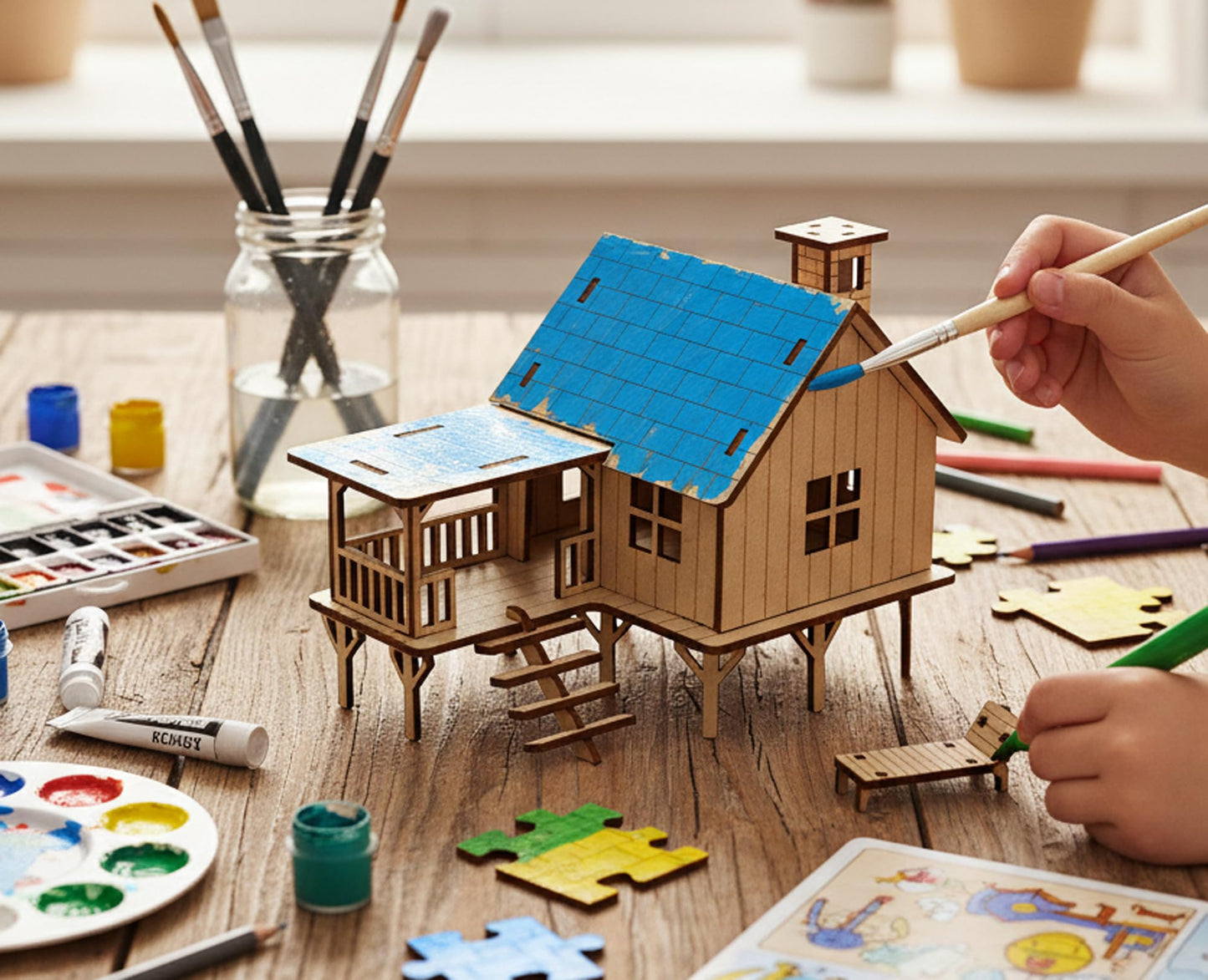 StonKraft Wooden 3D Puzzle Beach House - Home Decor, Construction Toy, Modeling Kit, School Project - Easy to Assemble