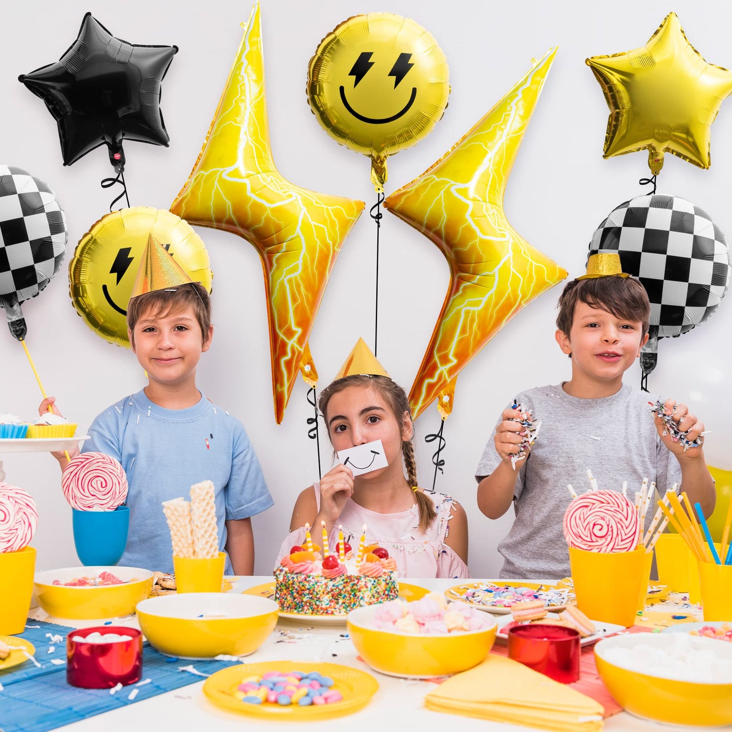 Wood Homing 8PCS 18 Inch Smile Party Checkered Helium Balloons, Yellow Smile Face Preppy Theme Birthday Party Decorations, Yellow Lightning Balloons