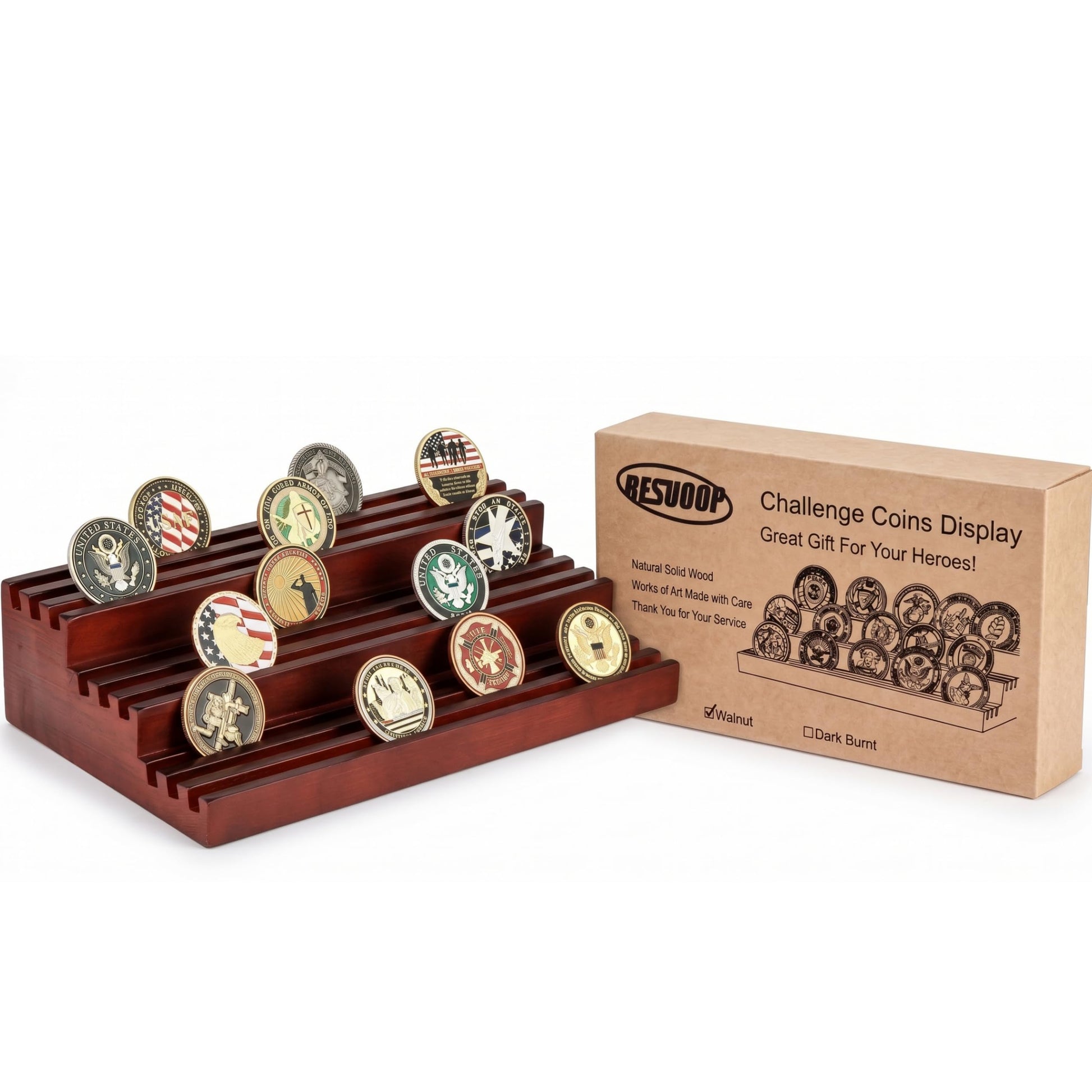 resuoop Challenge Coin Display Stand - Where Every Coin Tells A Story - Solid Wood Military Coin Rack | 9-Row Ladder Design Holds 45-60 Coins |
