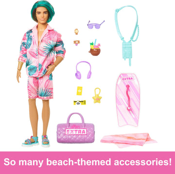 Barbie Extra Fly Ken Doll with Beach-Themed Travel Clothes & Accessories, Tropical Outfit with Boogie Board & Duffel Bag