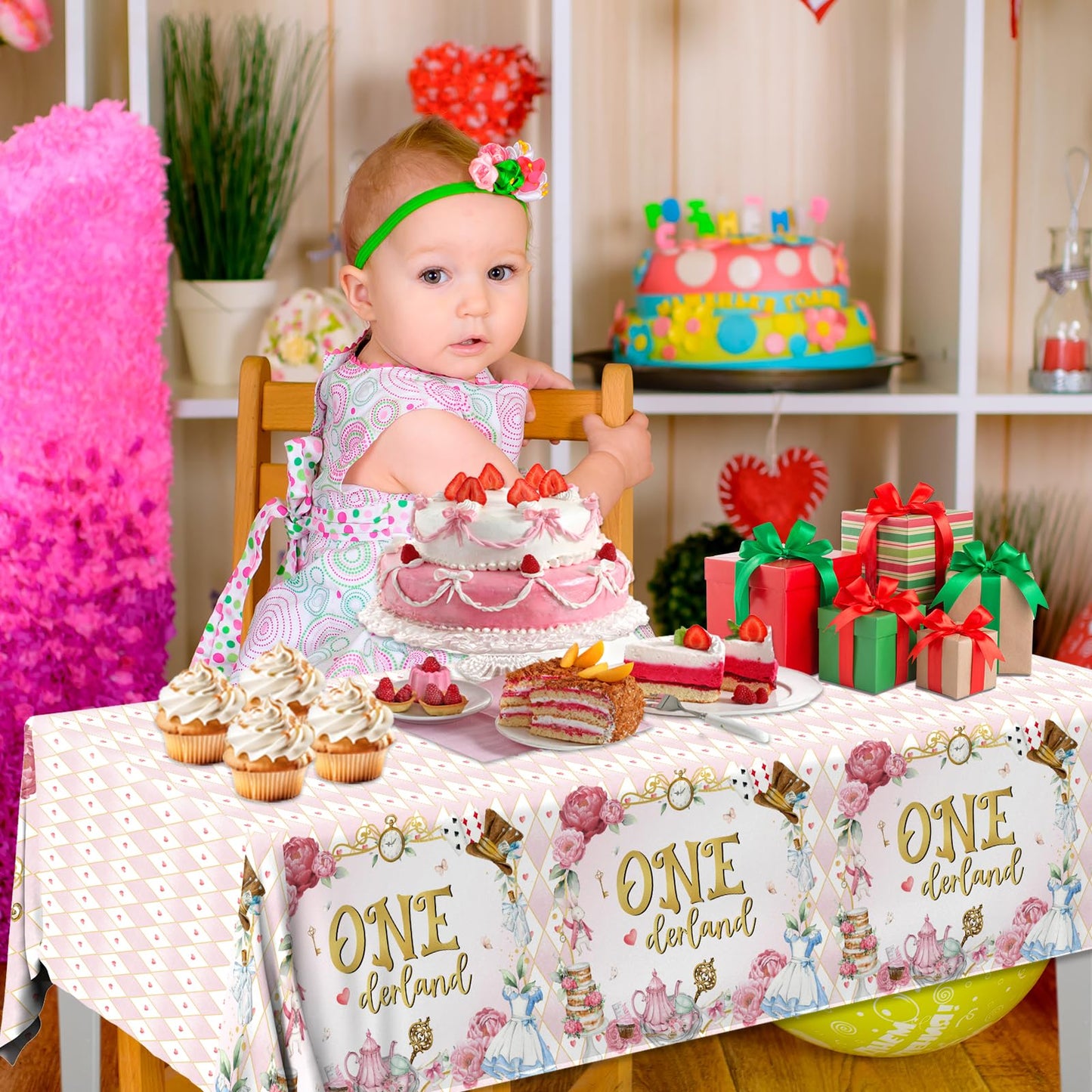 Gumwaqu Wonderland Birthday Tablecloth,Tea Birth-Day Decoration 3pcs Onderland Baby Shower Table Covers,Waterproof Plastic Wonderland 1st Birth-Day