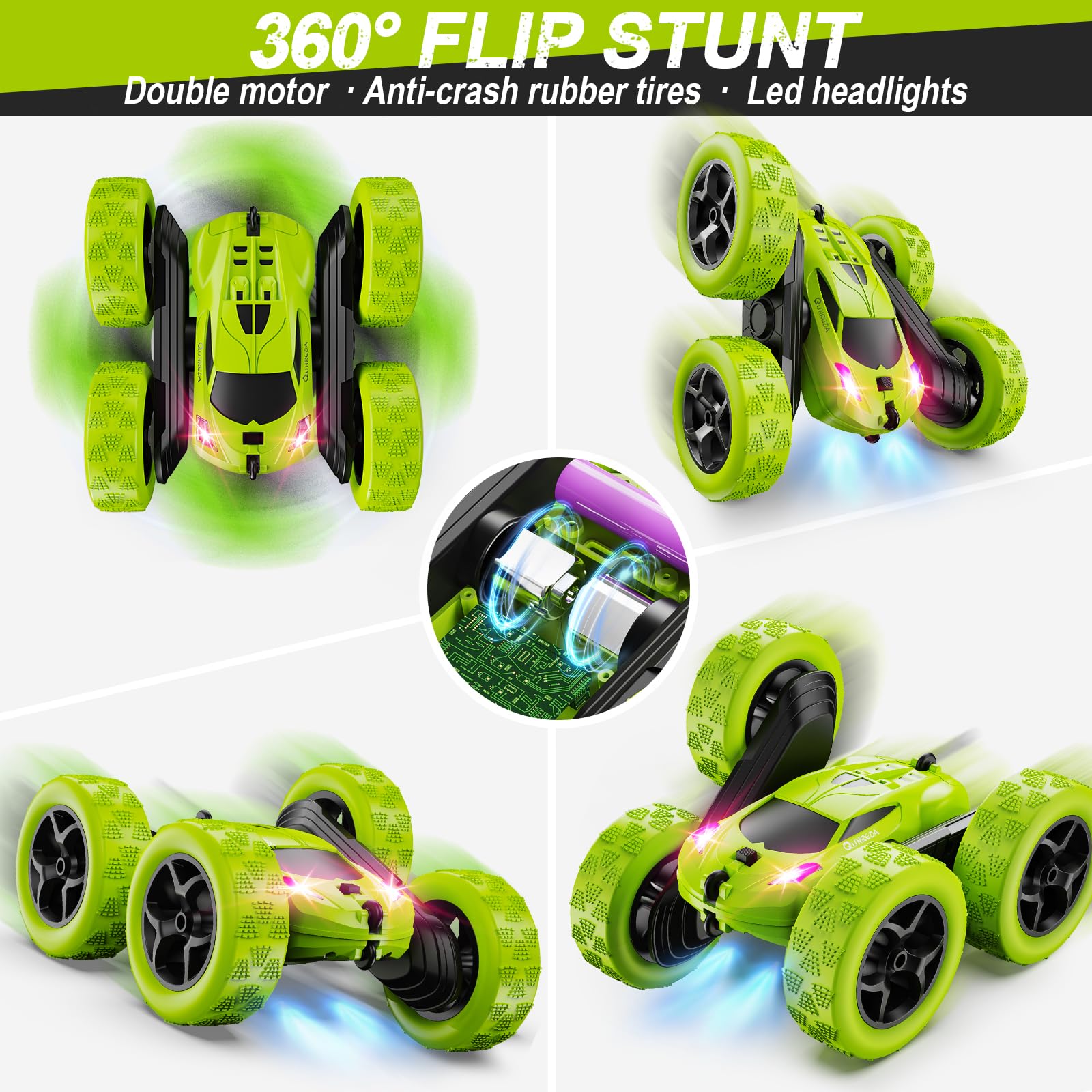 QUNREDA Remote Control Car for Kids Ages 6+, RC Cars Stunt Car Toy 4WD Double Sided 360° Rotating Remote Control with Headlights, Birthday Xmas Gifts