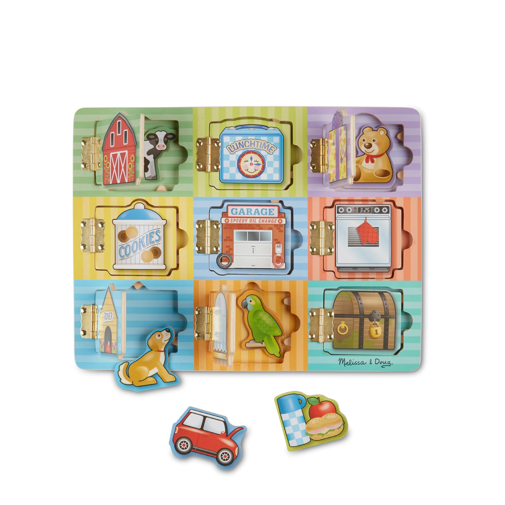 Melissa & Doug Wooden Hide & Seek Activity Board - Montessori Busy Board with Hinges, Doors & 9 Wooden Magnetic Puzzles, Educational Preschool
