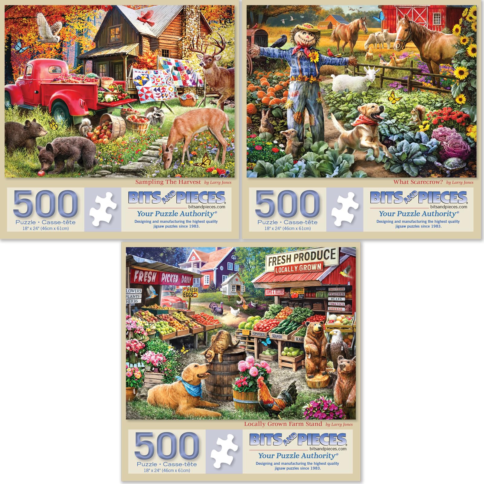 Bits and Pieces - Value Set of Three (3) 500 Piece Jigsaw Puzzles for Adults - Each Puzzle Measures 18" x 24" - Farm Vegatable Stand Jigsaws by Larry