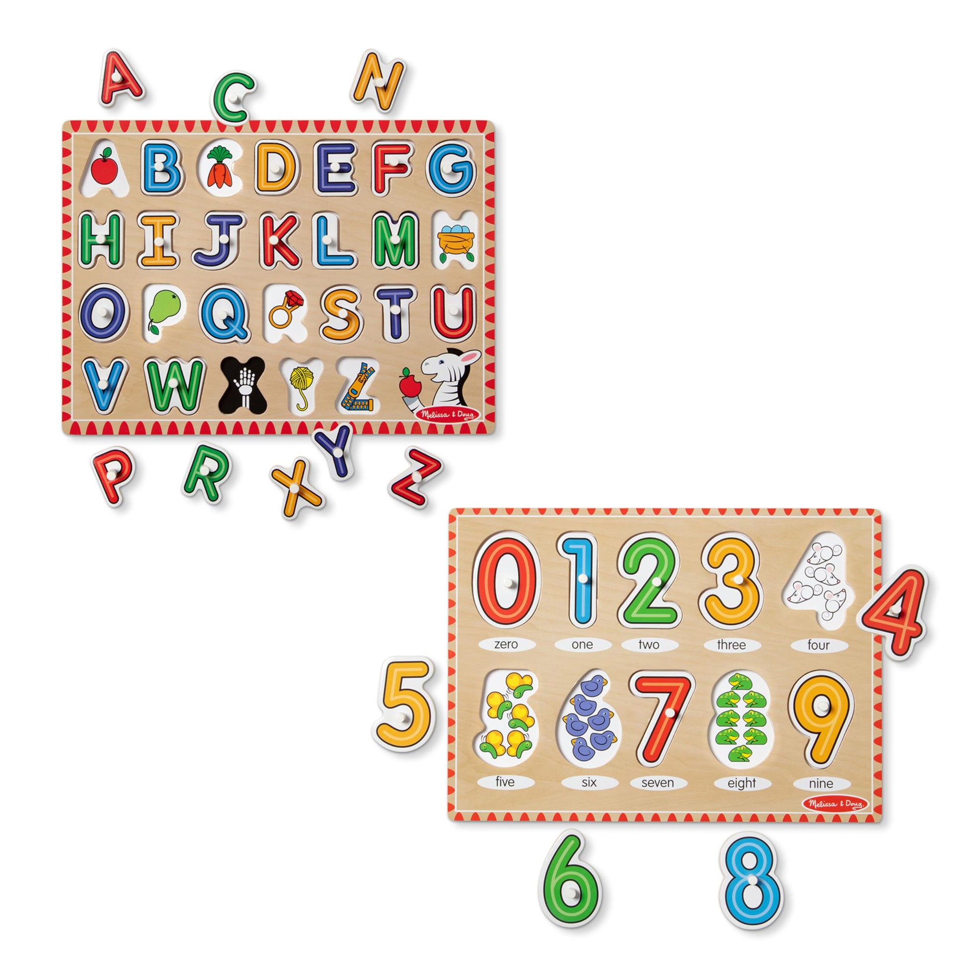 Melissa & Doug Wooden Lift & See Peg Puzzle Early Learning 2-Pack for Girls and Boys - Alphabet, Numbers