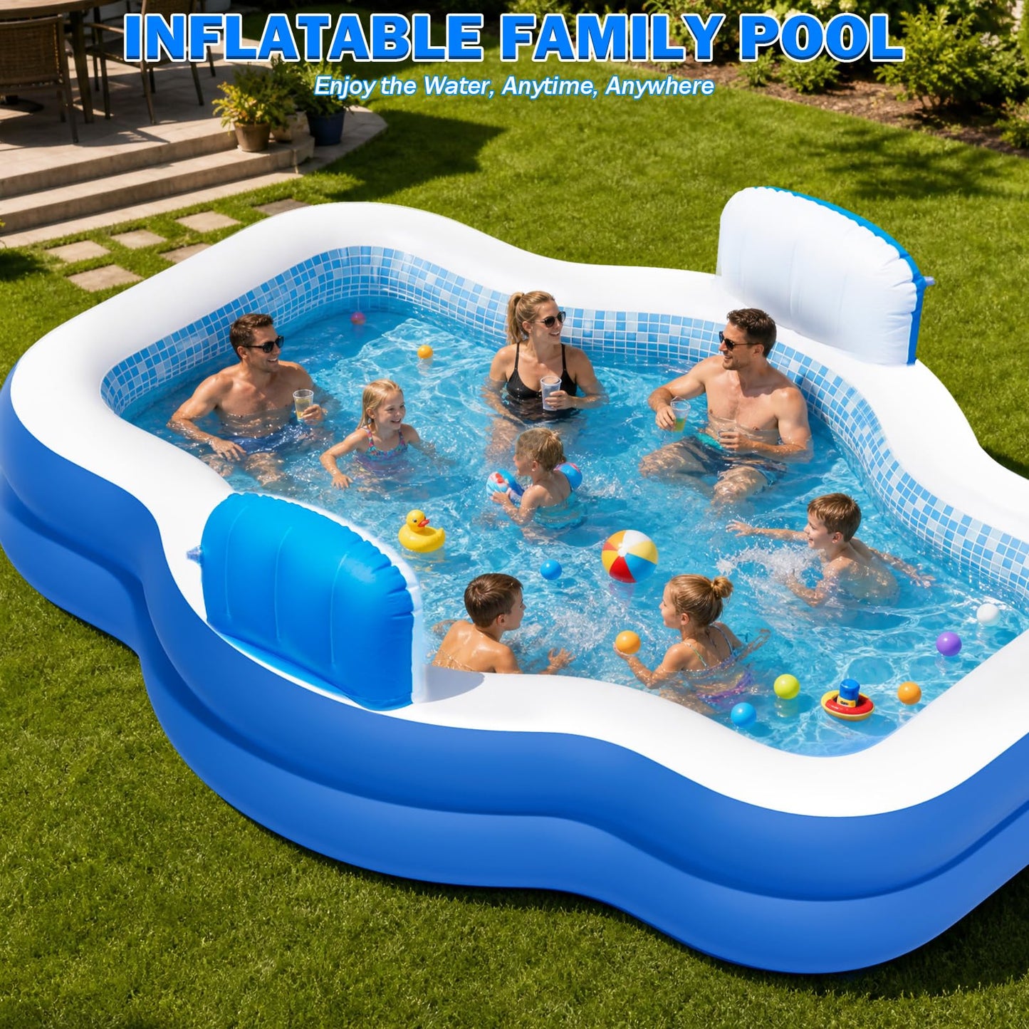 ALSTU Extra Large Inflatable Pool with Pump, 121" X 90" X 22" Full-Sized Blow Up Pool with Seats for Adults, Family Inflatable Swimming Pool