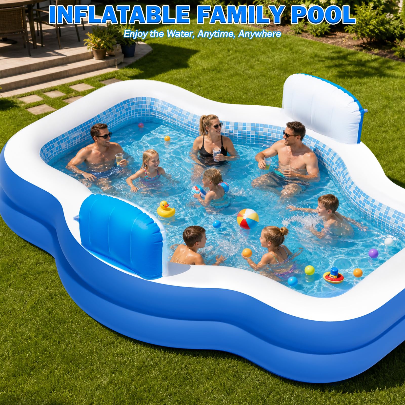 ALSTU Extra Large Inflatable Pool with Pump, 121" X 90" X 22" Full-Sized Blow Up Pool with Seats for Adults, Family Inflatable Swimming Pool