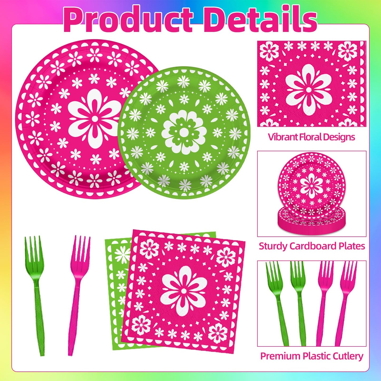 96 Pcs Mexican Fiesta Party Supplies Set, Serves 24 - Colorful Papel Picado Floral Paper Plates, Napkins, and Forks, Disposable Tableware for Cinco de
