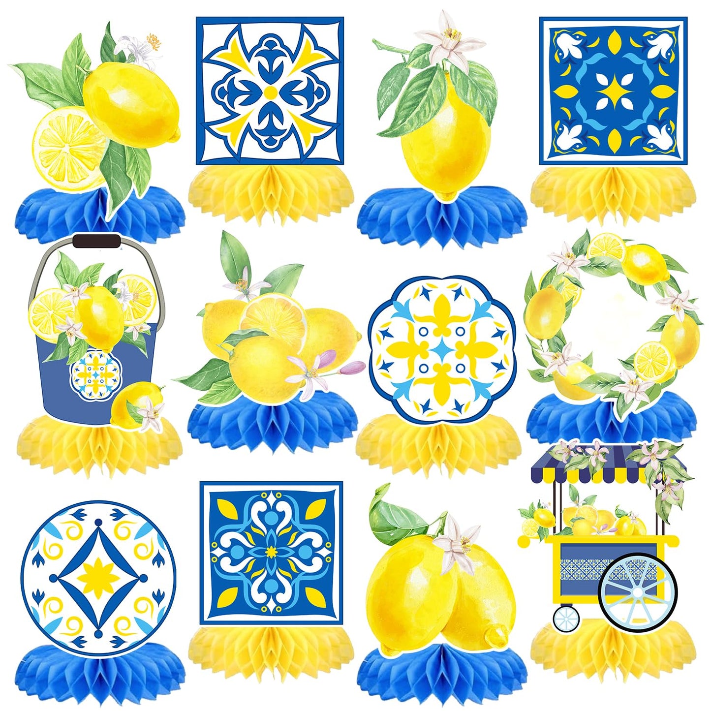 12 Pcs Capri Lemon Blue Yellow Tiles Honeycomb Centerpieces Decorations Mediterranean Amalfi Coast Centerpieces for Lemon Birthday Party Italian