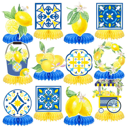 12 Pcs Capri Lemon Blue Yellow Tiles Honeycomb Centerpieces Decorations Mediterranean Amalfi Coast Centerpieces for Lemon Birthday Party Italian