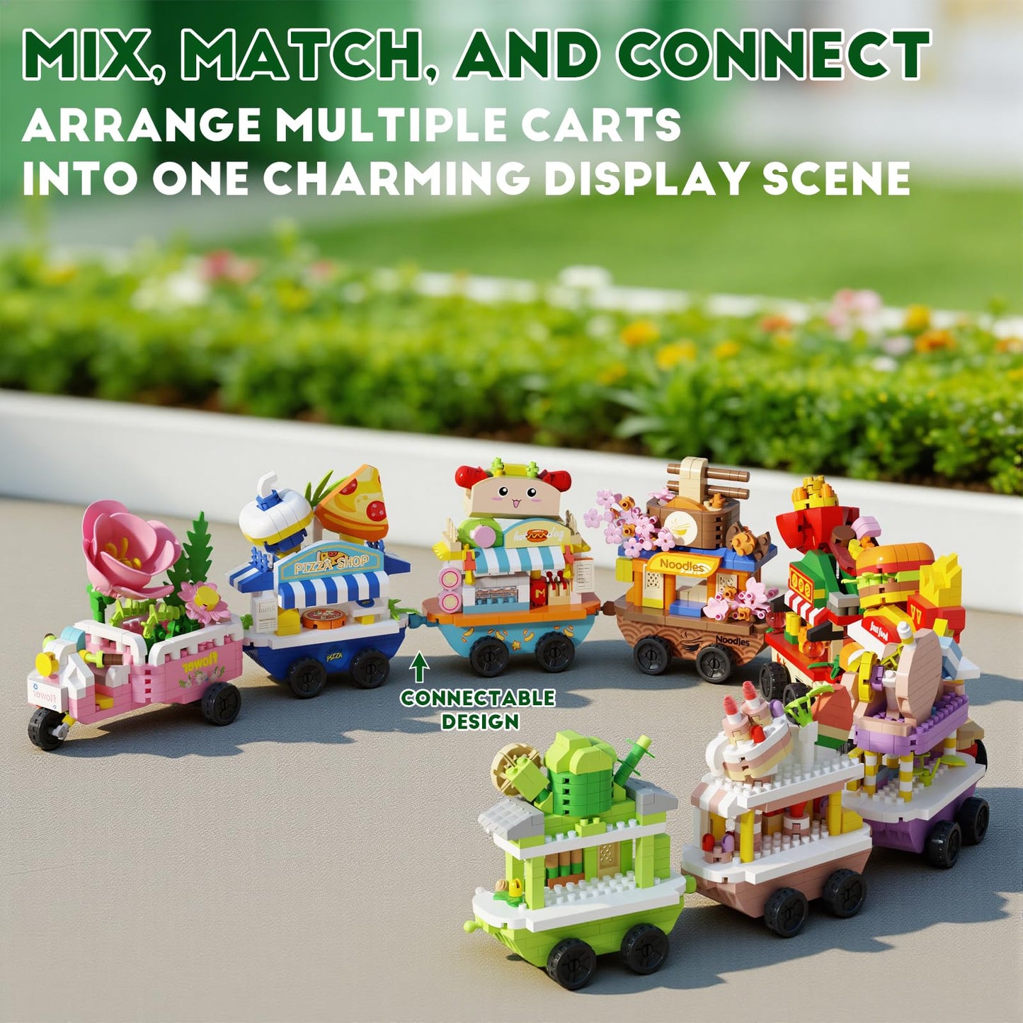 YCJZXMS 9-in-1 Kawaii Mini Building Blocks Set, Cute Food Shop DIY Model Kit, Pastel Aesthetic Desk Decor, Collectible Street Market Building Set