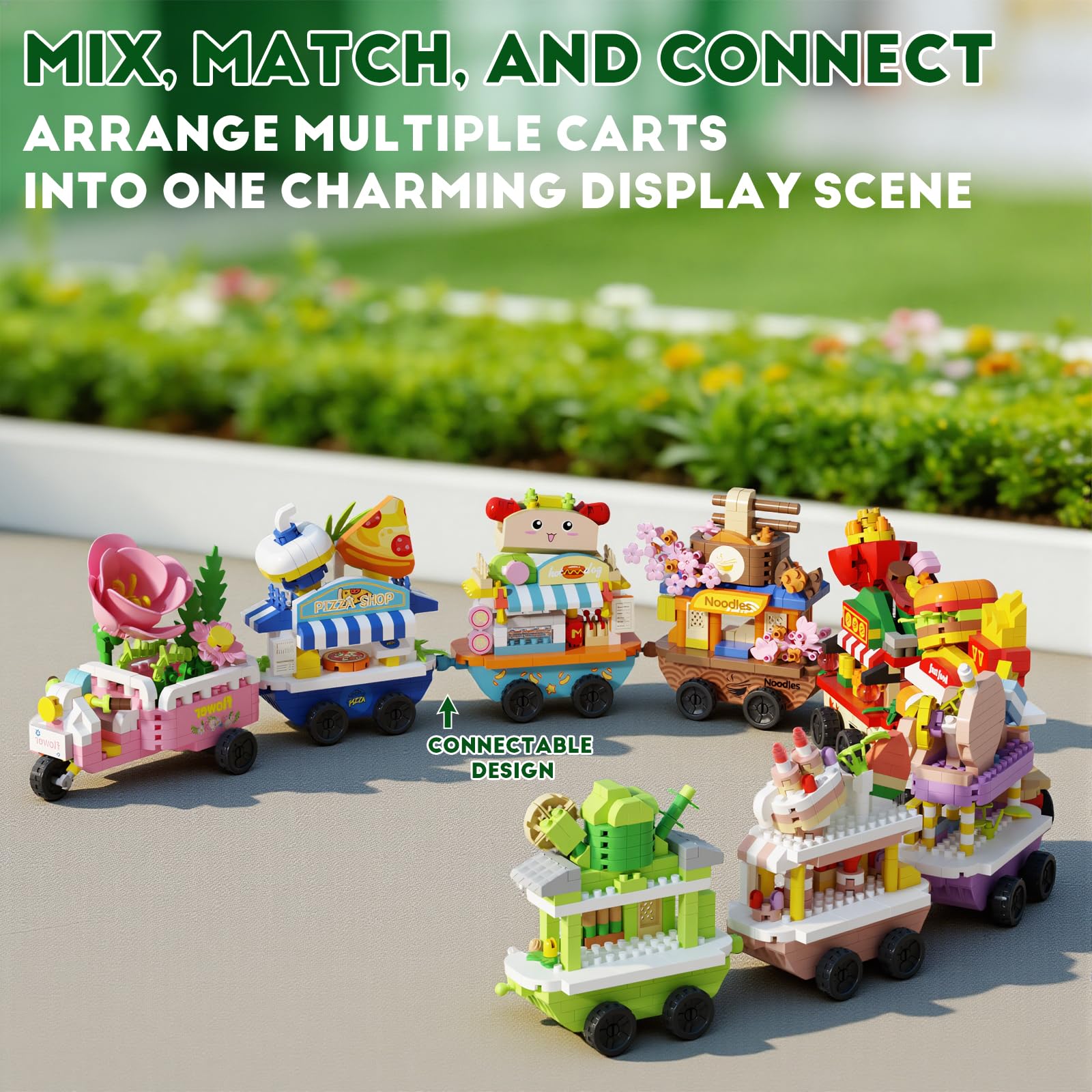 YCJZXMS 9-in-1 Kawaii Mini Building Blocks Set, Cute Food Shop DIY Model Kit, Pastel Aesthetic Desk Decor, Collectible Street Market Building Set