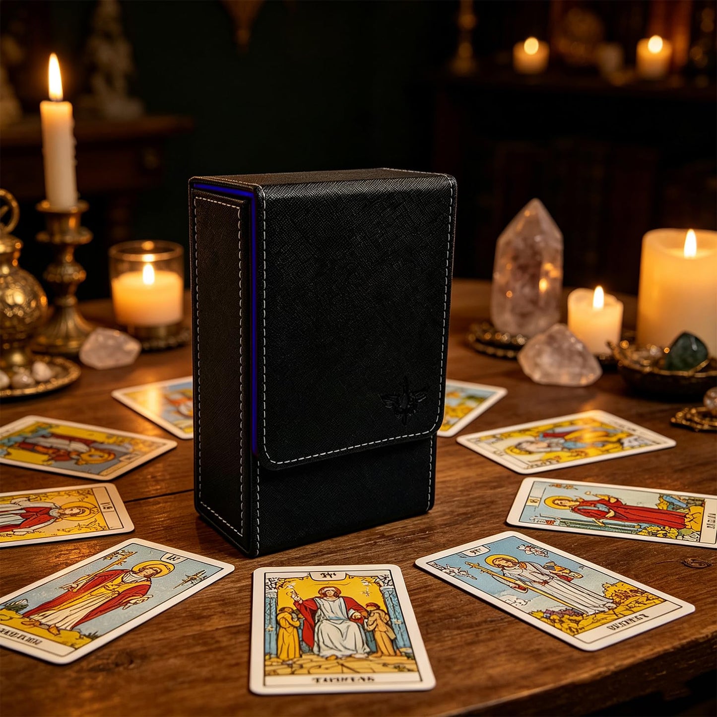 MUILKVY Black Tarot Card Holder with Blue Interior; Fold Top Tarot Card Box Case with Magnetic Lid Closure; Fits Standard Tarot Card Deck