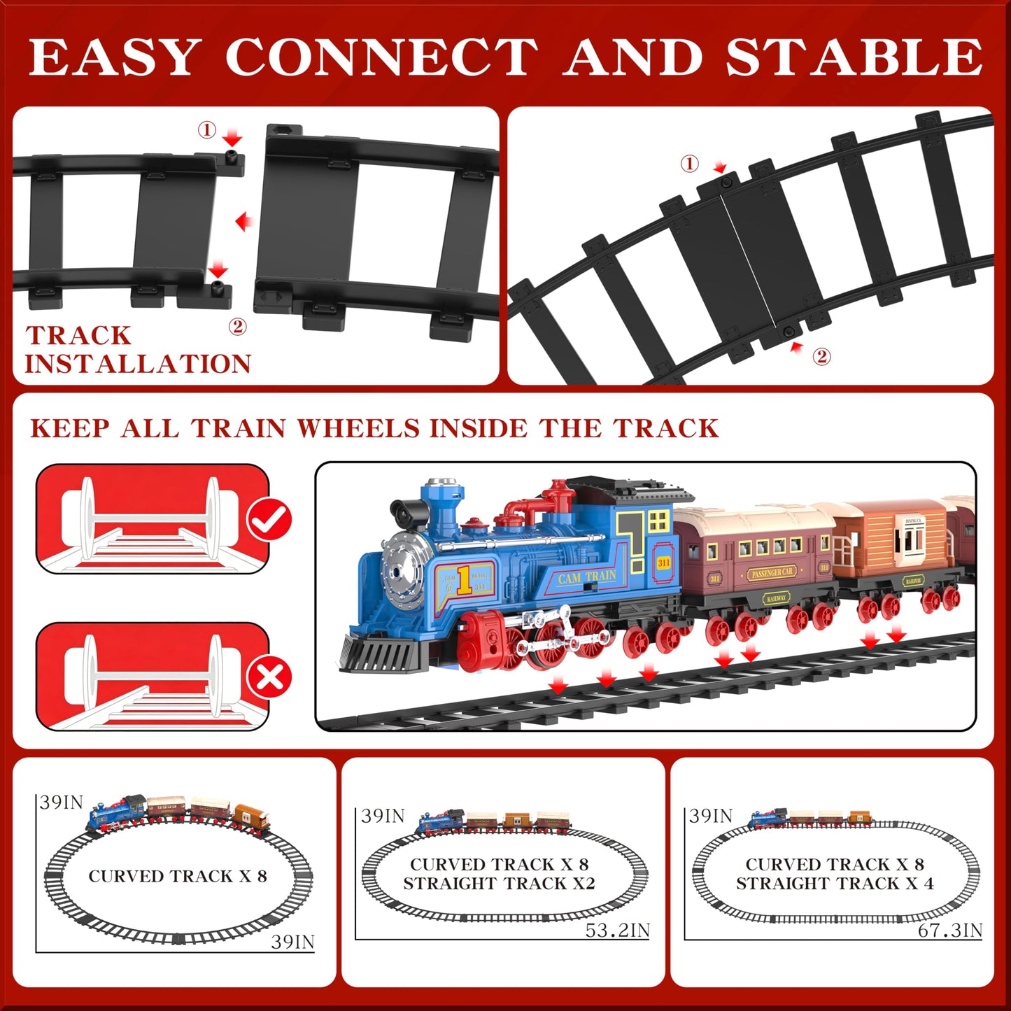 Electric Toy Train Set for Kids w/Smoke, Lights & Sound, Train Toys w/Locomotive, 12 Tracks Accessories, 3 Passenger Carriages, Toddler Model Trains