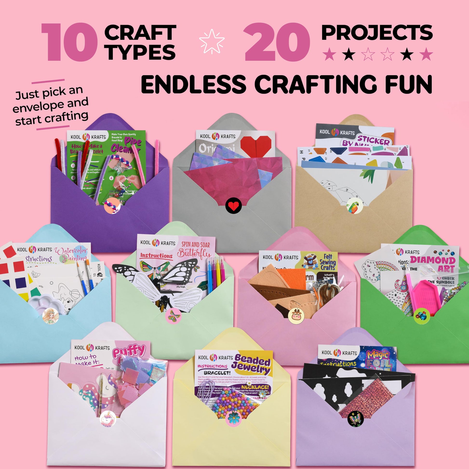 20 Arts & Crafts Kit for Girls - The Surprise Craft Box, All-Inclusive DIY Craft Set with 20 Fun Projects, Individually Packaged, Easy Step-by-Step