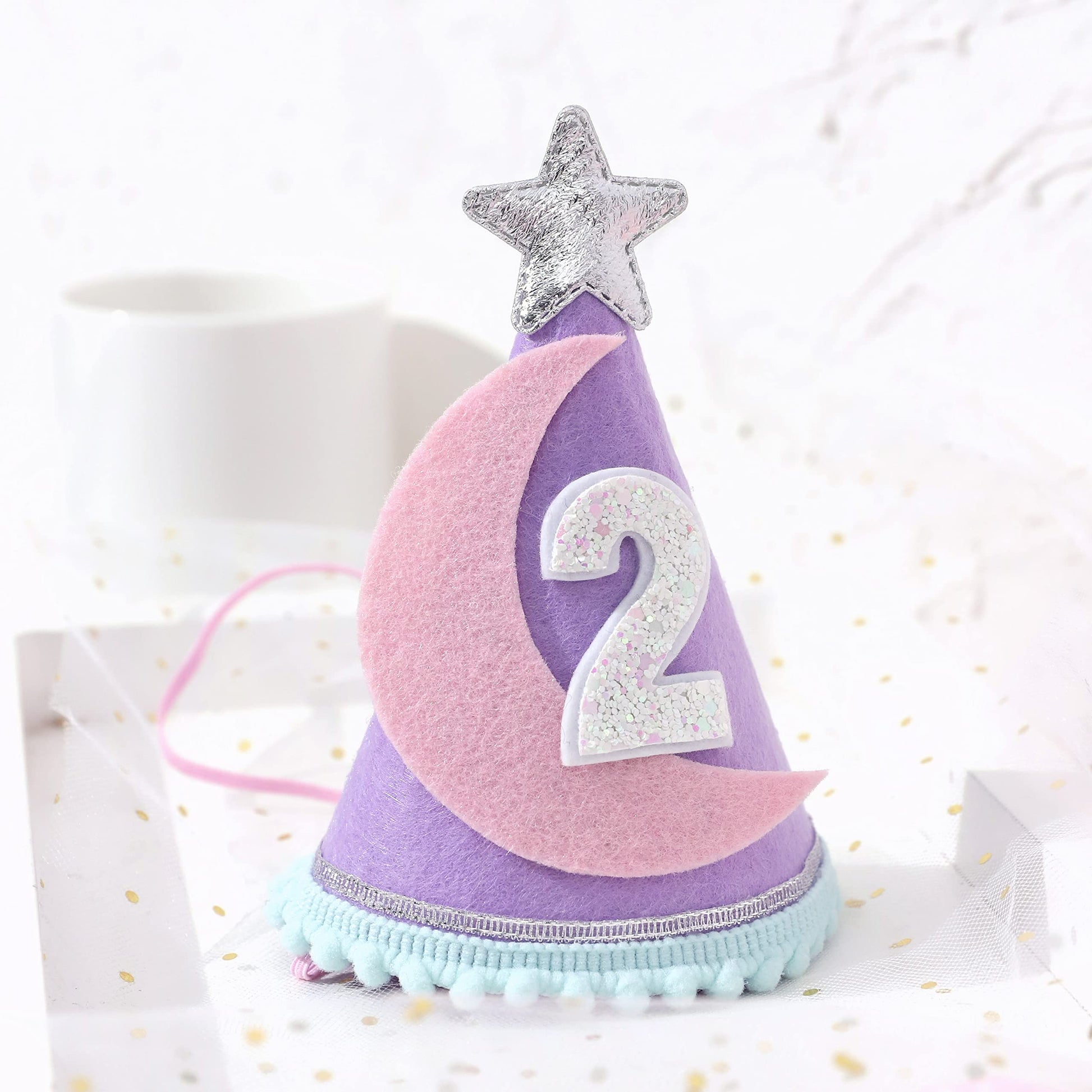 Two the Moon Space-Themed 2nd Birthday Hat and Decorations for Girls - Outer Space Party Supplies
