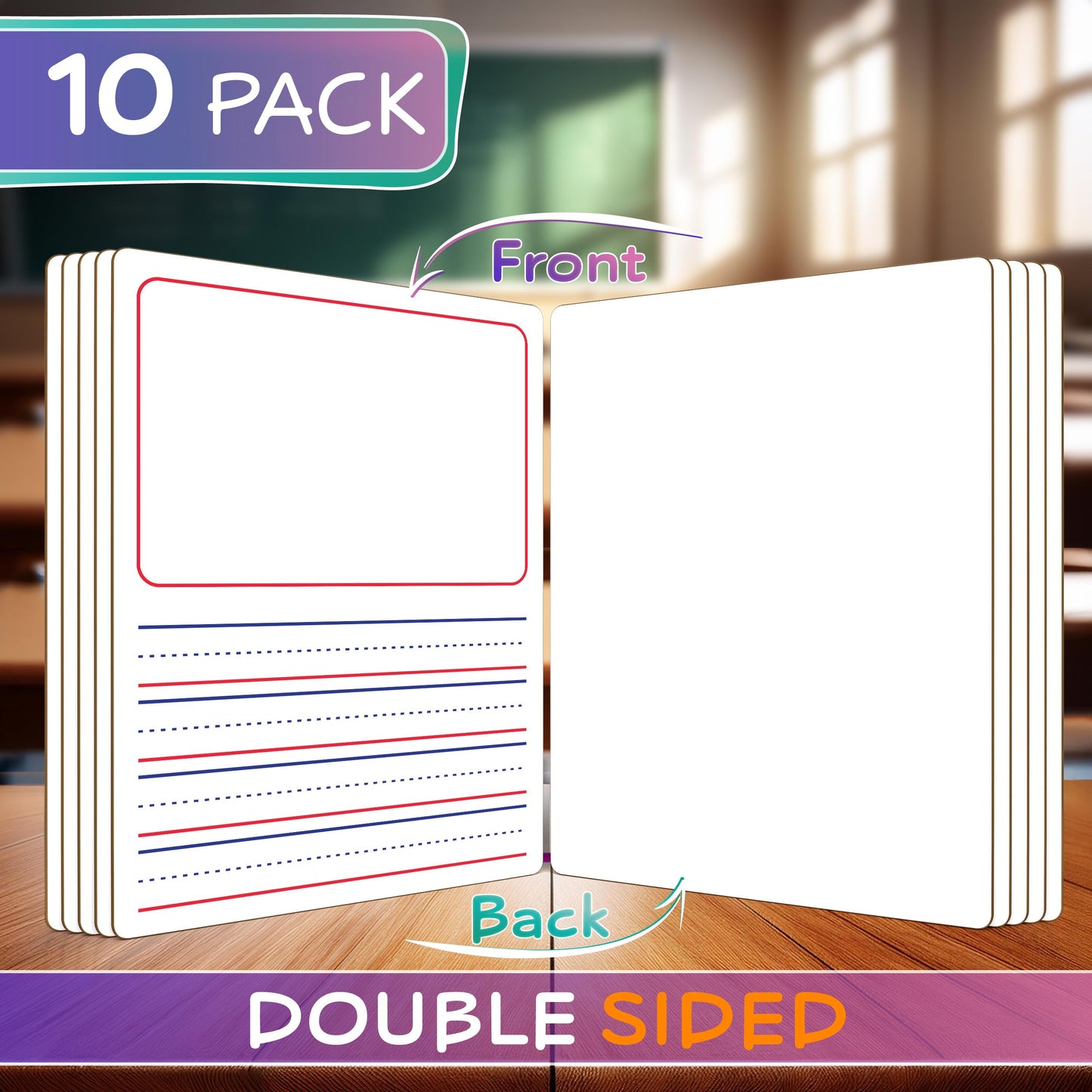 Double Sided Whiteboard Lined Dry Erase Board for Kids - Ruled Writing Board Handwriting Practice - 9x12 with Lines (Story Board 10 Pack)