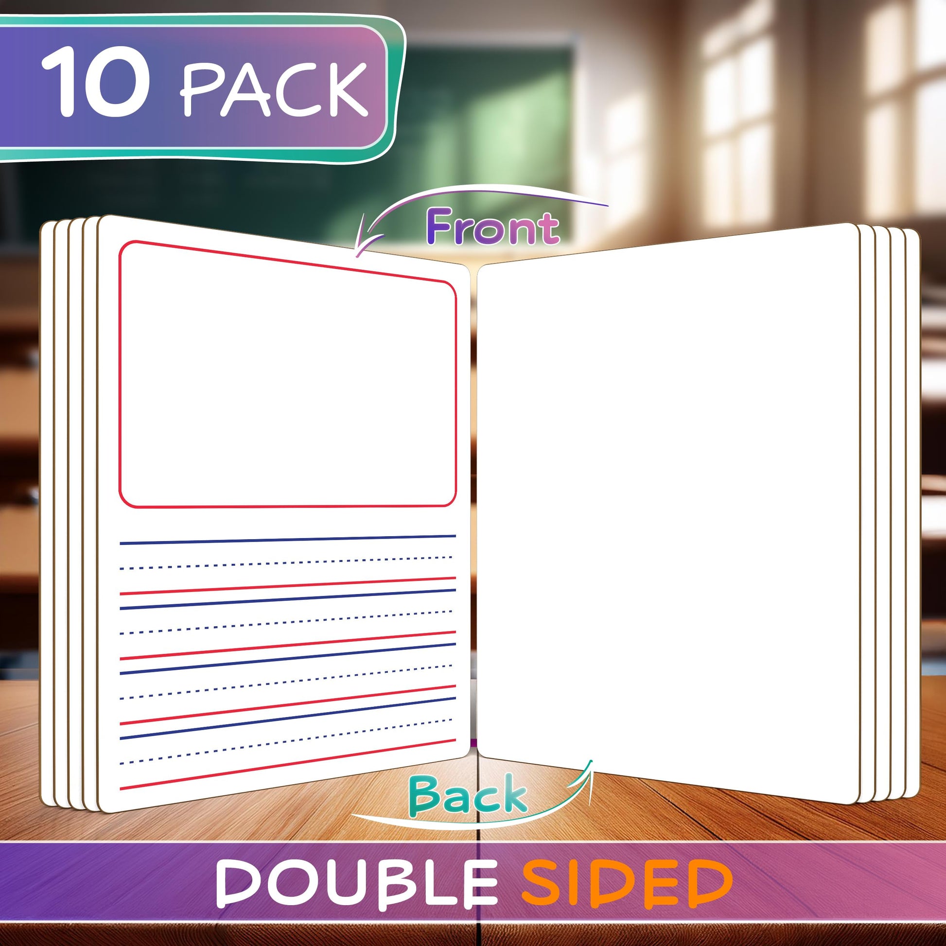 Double Sided Whiteboard Lined Dry Erase Board for Kids - Ruled Writing Board Handwriting Practice - 9x12 with Lines (Story Board 10 Pack)