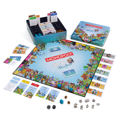 WS Game Company Monopoly Hasbro 100th Anniversary Edition Board Game in Special Edition Embossed Metal Tin with Bespoke Artwork & Eight Exclusive