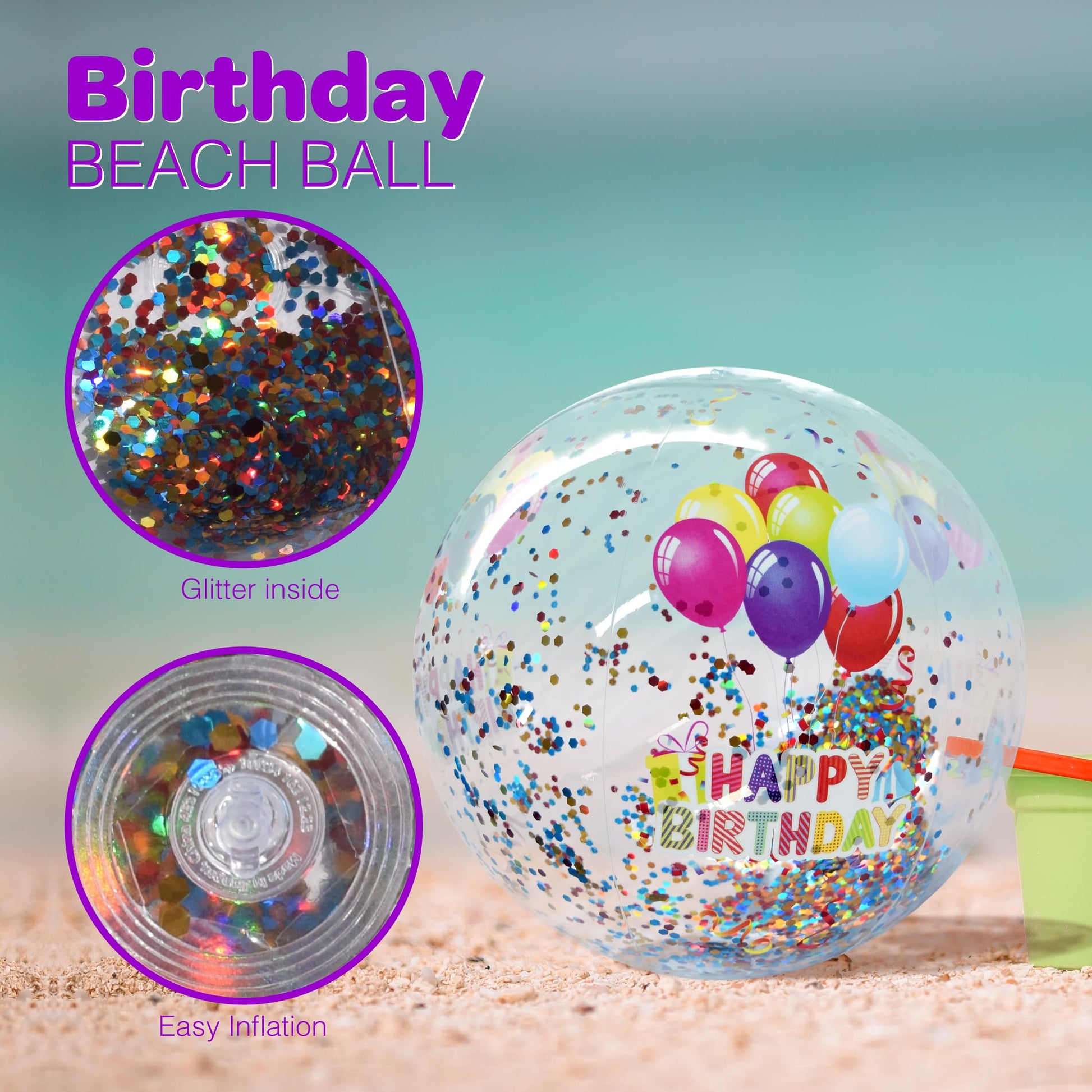 4E's Novelty 22 Inch Large Happy Birthday Beach Ball with Glitter Inside, for Pool Birthday Decorations Supplies, Outdoor Yard Games, Inflatable Pool
