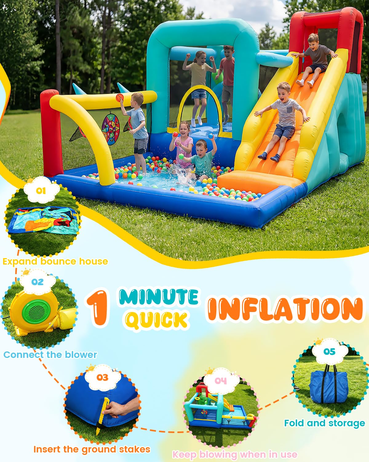 Whubefy 14-in-1 Bounce House for Kids with Ball Pit & Rabbit Ears Obstacle