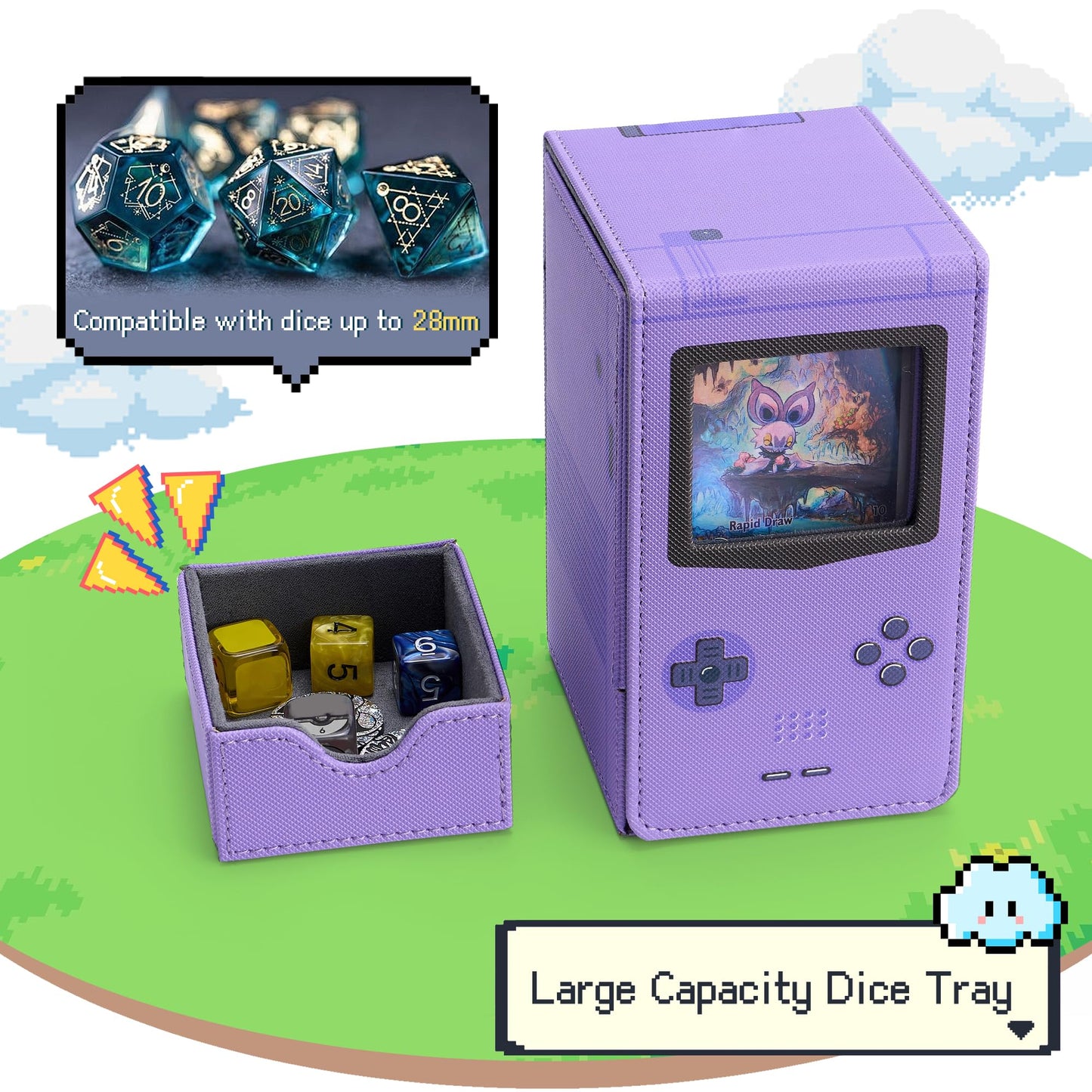 Venssu Retro Gaming Console MTG Deck Box with Dice Tray, Card Deck Case with Commander Display, PU Leather Card Storage Box Fit 120 Single Sleeved