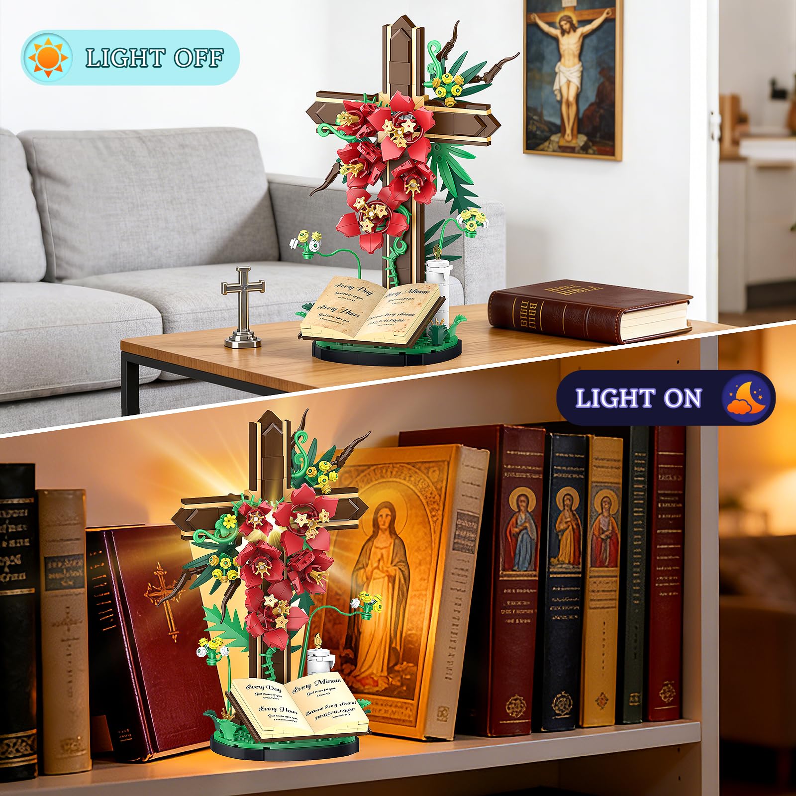 Jesus Cross Flower Building Set, Religious Cross Collectibles Jesus Catholic Building Toys, Christian Crucifix Floral Decor Display, Easter