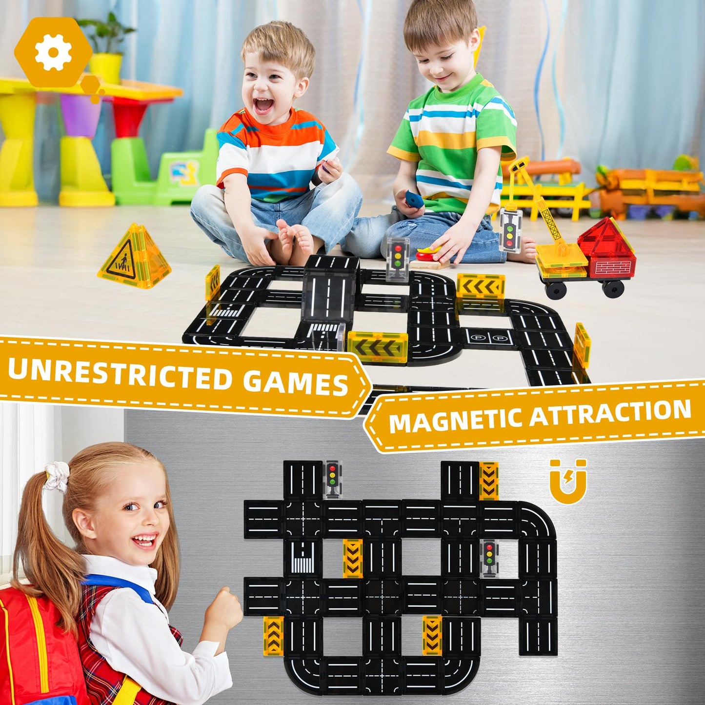 Aukit Magnetic Tiles Road Expansion Pack, Magnetic Building Blocks Construction Toys for 3+Year Old Boys Girls, Kids Toy Montessori Toys for Toddler.