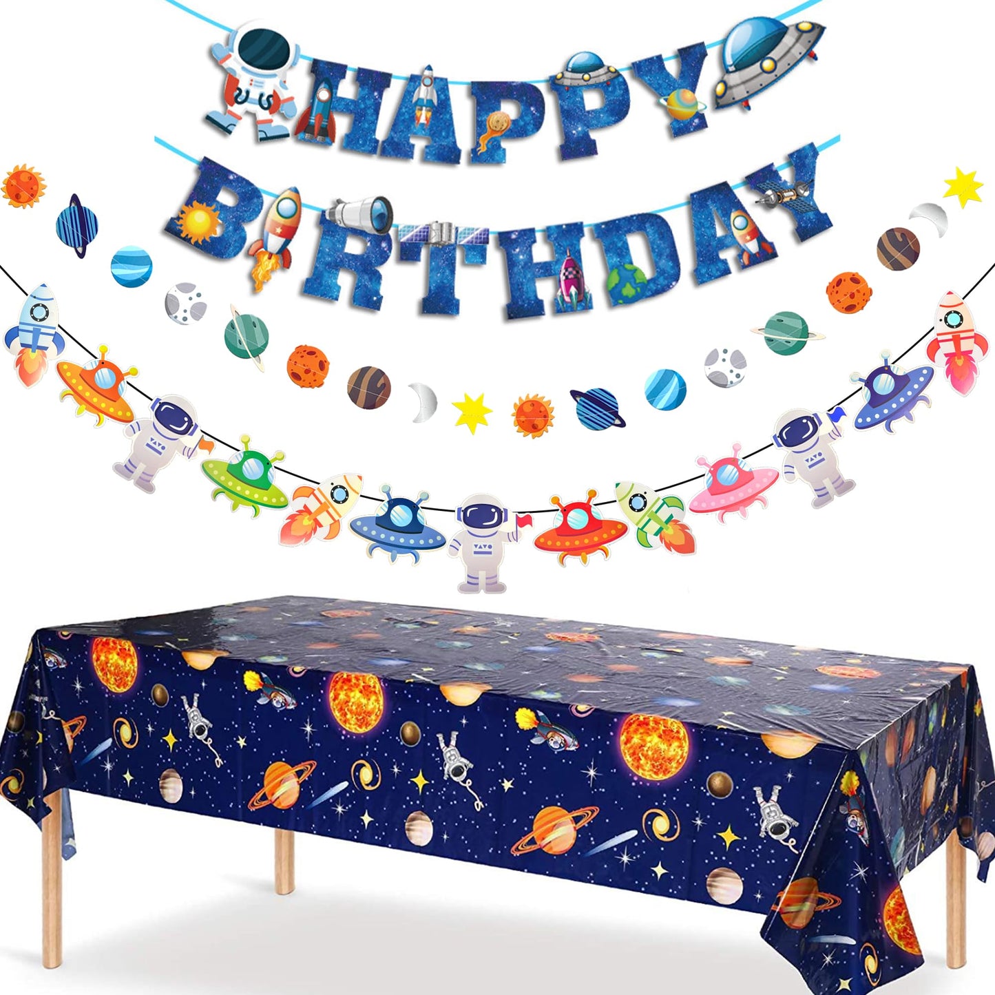 Outer Space Party Decorations - Space Theme Supplies with Happy Birthday Banner Solar System Tablecloth for Galaxy Party Decor (Tablecloth+Flag