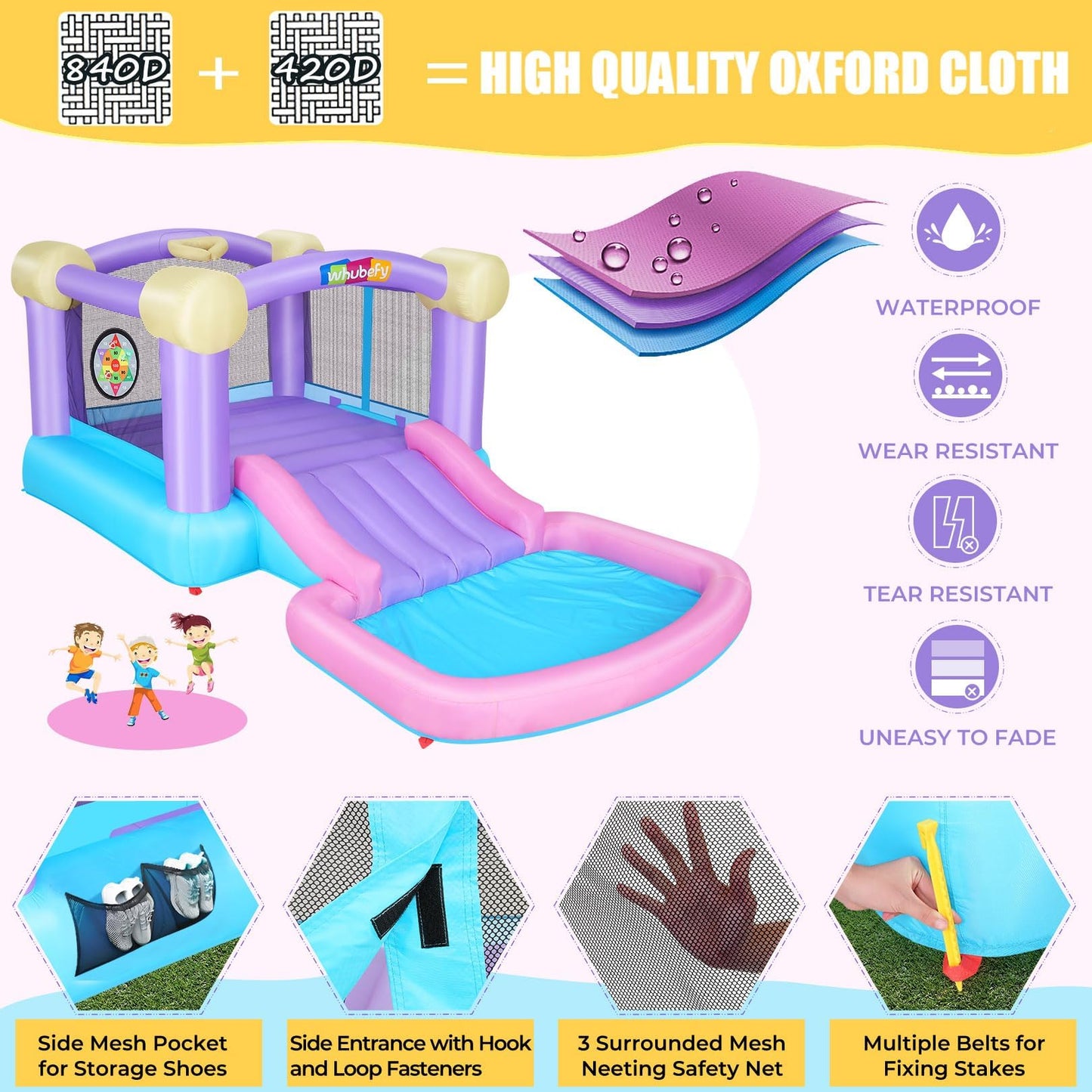 Whubefy Inflatable Pink Bounce House for Kids 2-8 with Ball Pit, 161x82x63 All-in-ONE Jump and Slide Water Park w/50 Ocean Balls, 6 Dart Target Balls