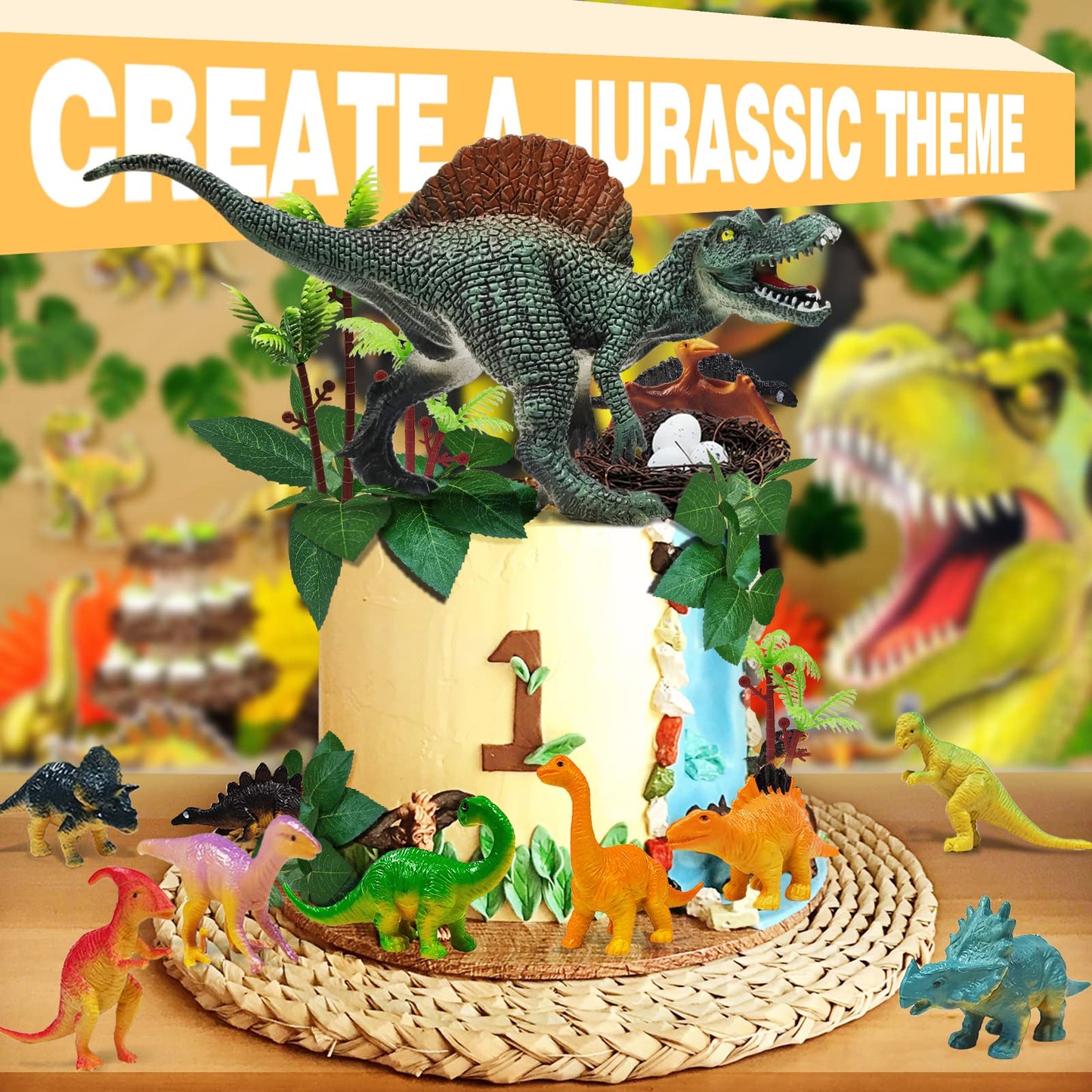 GLAHORSE 26 PCS Dinosaur Cake Toppers With Dinosaur Eggs, Leaves, Trees - Cake Decorations For Kids Birthday Party