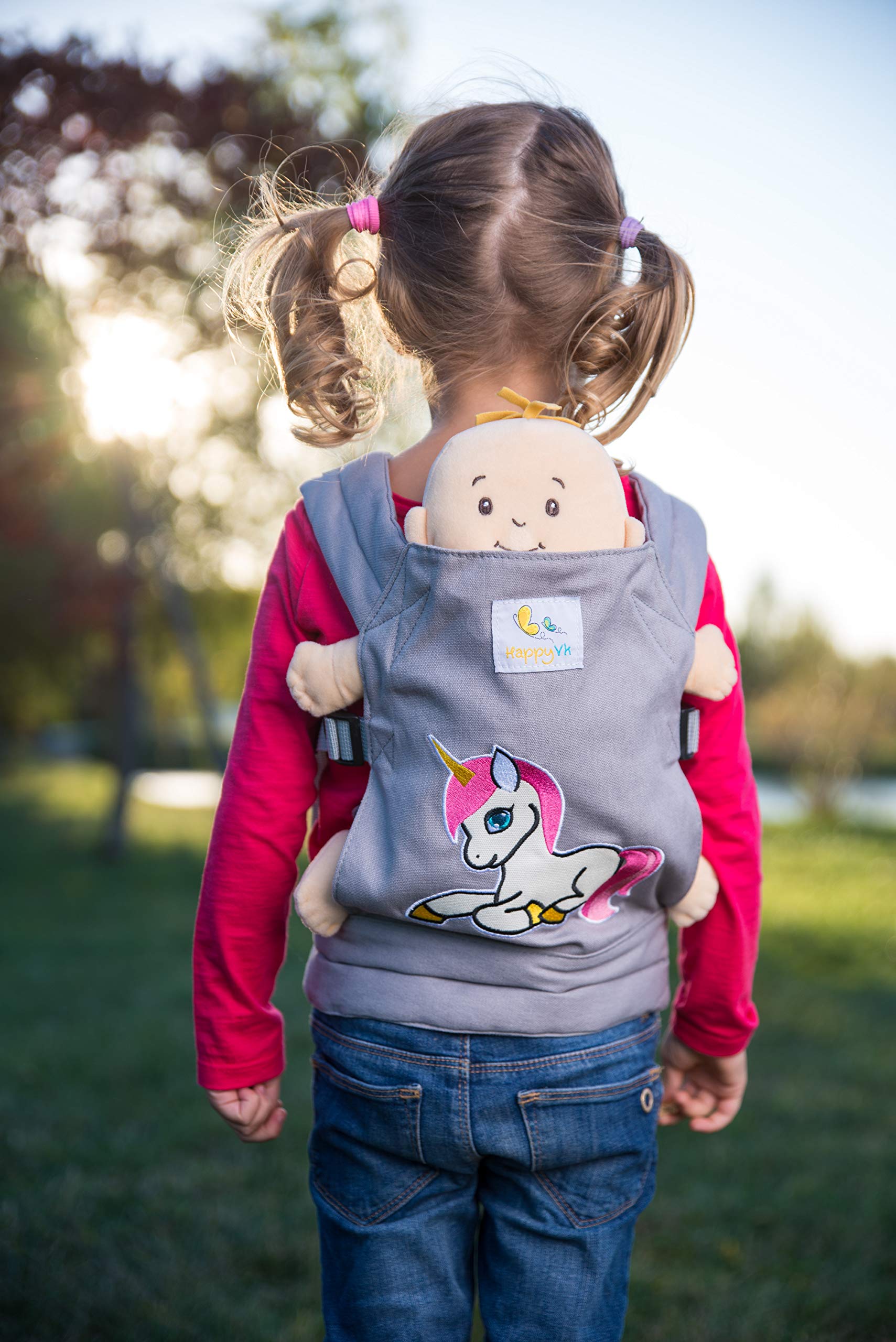 HappyVk-Baby Doll Carrier-Doll Carrier Front Back for Little Girls-Grey Unicorn