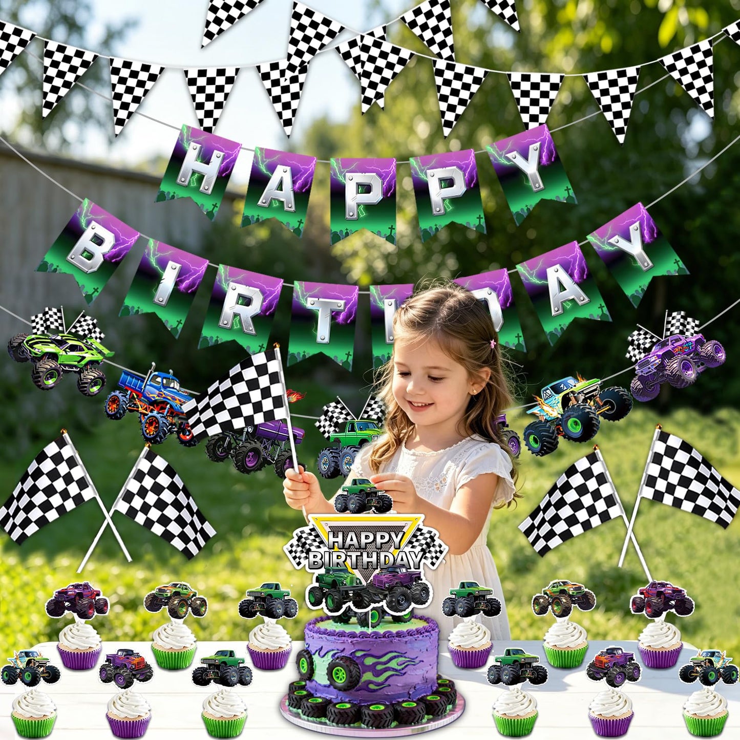 20 Pcs Monster Truck Birthday Decorations, Monster Truck Party Banner Set, Cars Truck Garland Black and White Checkered Flags Pennants Cake Topper