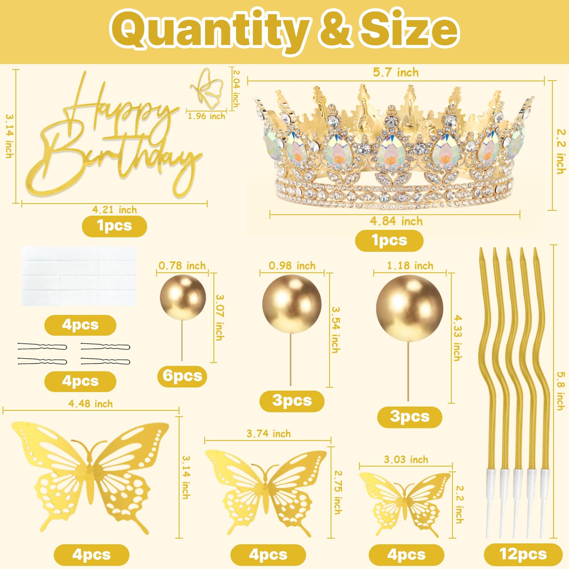 ZOYVUX Birthday Crown Cake Topper, Cake Decorations with Happy Birthday Cake Topper, Balls, Gold Butterflies, Corona Para Pastel for Women, Princess