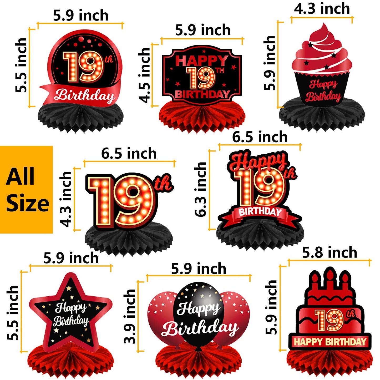 Happy 19th Birthday Red and Black Table Honeycomb Centerpieces Balloons Theme Decor Table Decorations Table Toppers for Girls Women Princess 19 Years