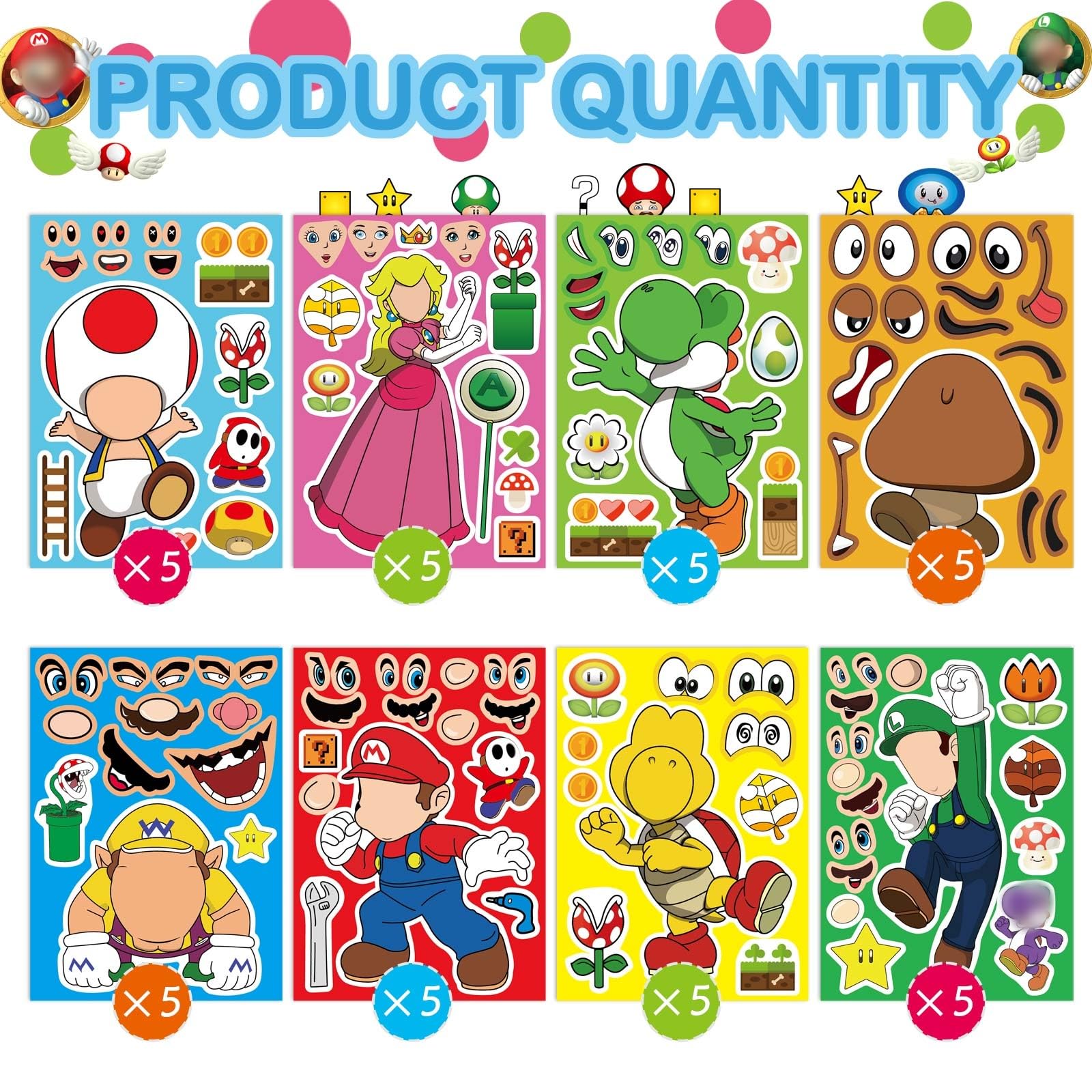 EHQEHQ 40 Pieces Make-a-face Stickers Pack, Super Bros Make Your Own Stickers, Mixed & Matched with 8 Designed Characters(5 of Each) for Party