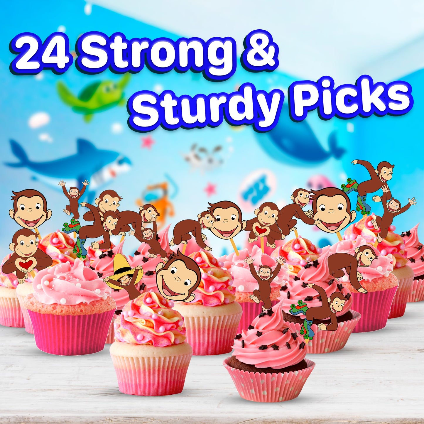 24x Curious Monkey Cupcake Toppers - Strong Picks Happy Birthday Décor, Cupcake Decorations for Kids Birthdays