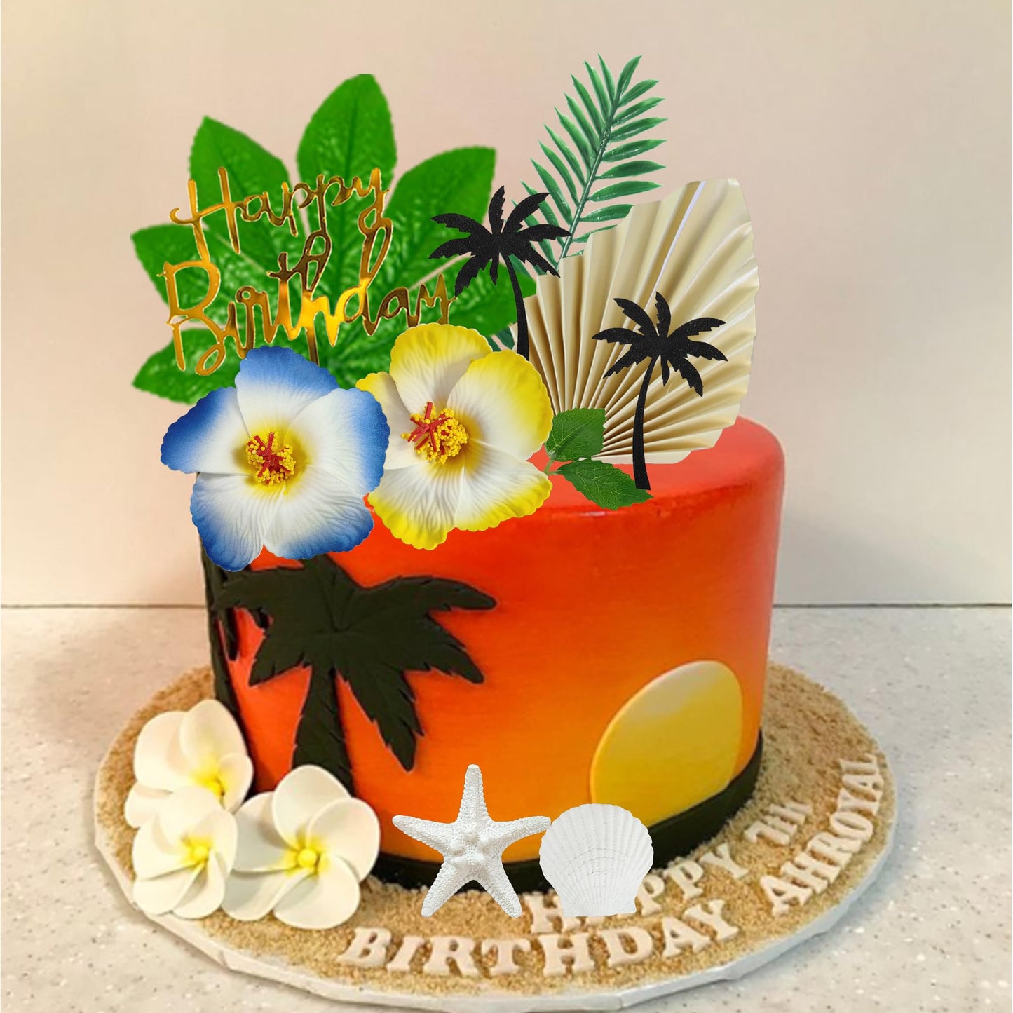 Summer Beach Cake Topper with Flowers Palm Leaves Starfish for Swimming Beach Luau Birthday Supplies (Style 1)