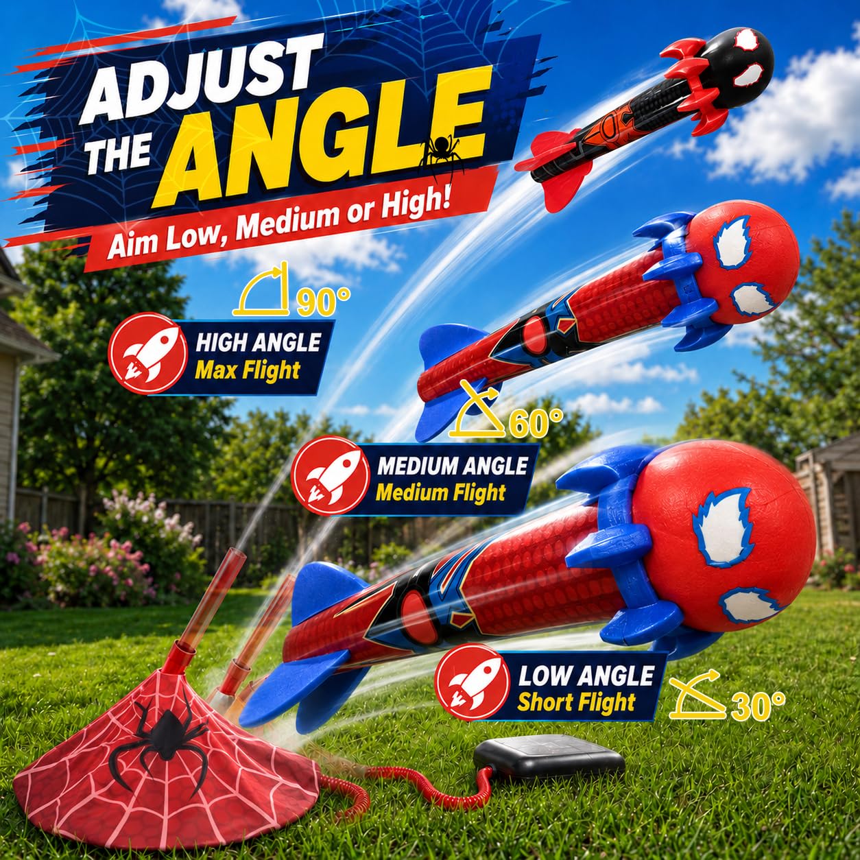 Spider Toys Rocket Launcher for Kids, 4 Spider Foam Rockets & Web Launcher, Adjustable Outdoor Air Rocket Toys, Up to 100 FT, Backyard Birthday Gifts