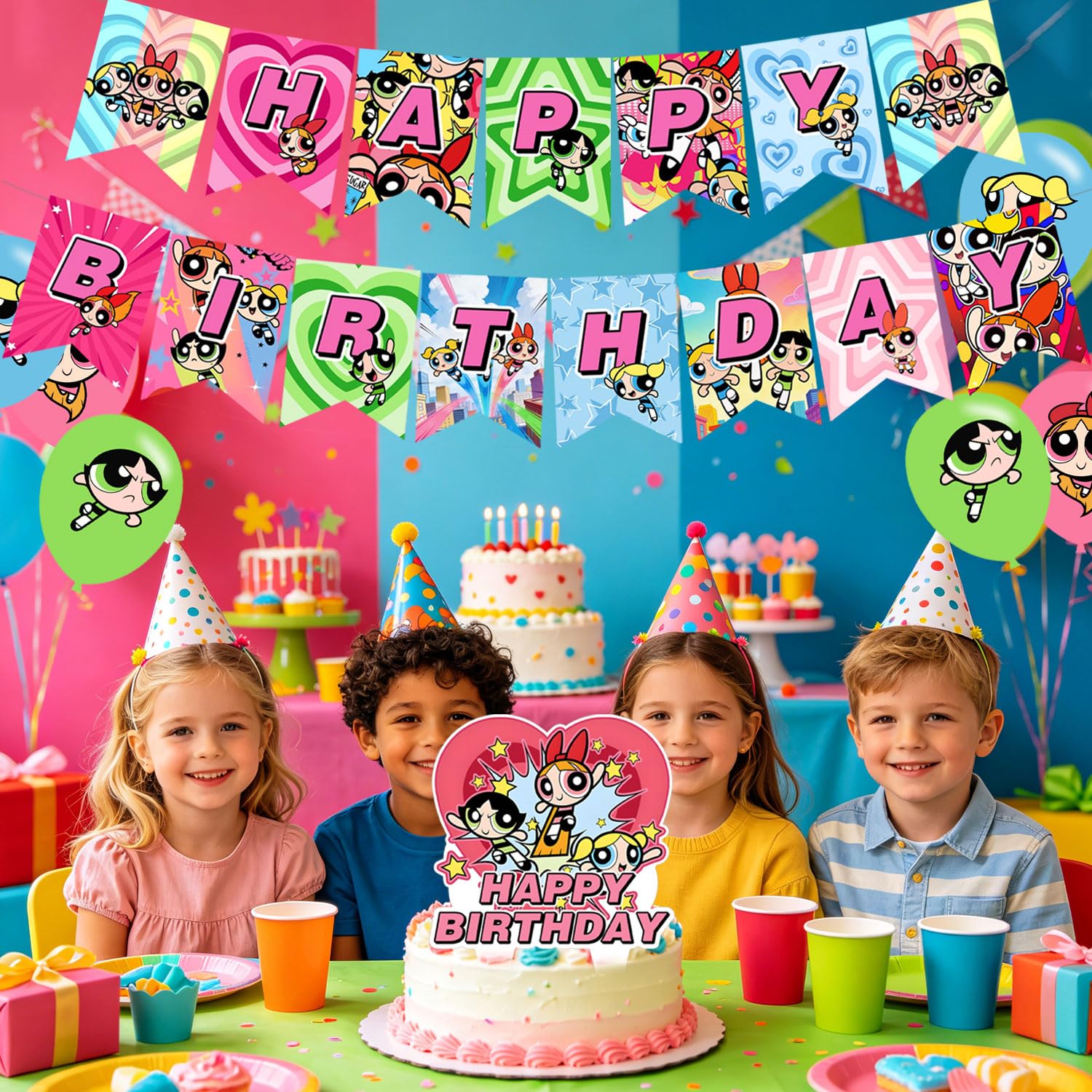 Power Girls Birthday Party Decorations, Happy Birthday Banner, Cake Topper, Hanging Swirls & Latex Balloons, Power Girls Party Supplies for Girls