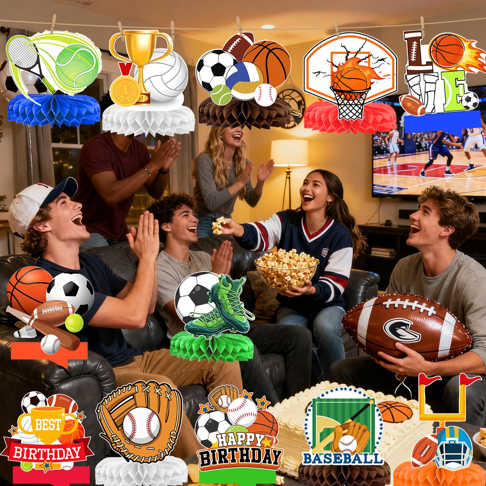 12 Pcs Sports Birthday Party Decorations Honeycomb Centerpices for Sports Themed Party Decorations