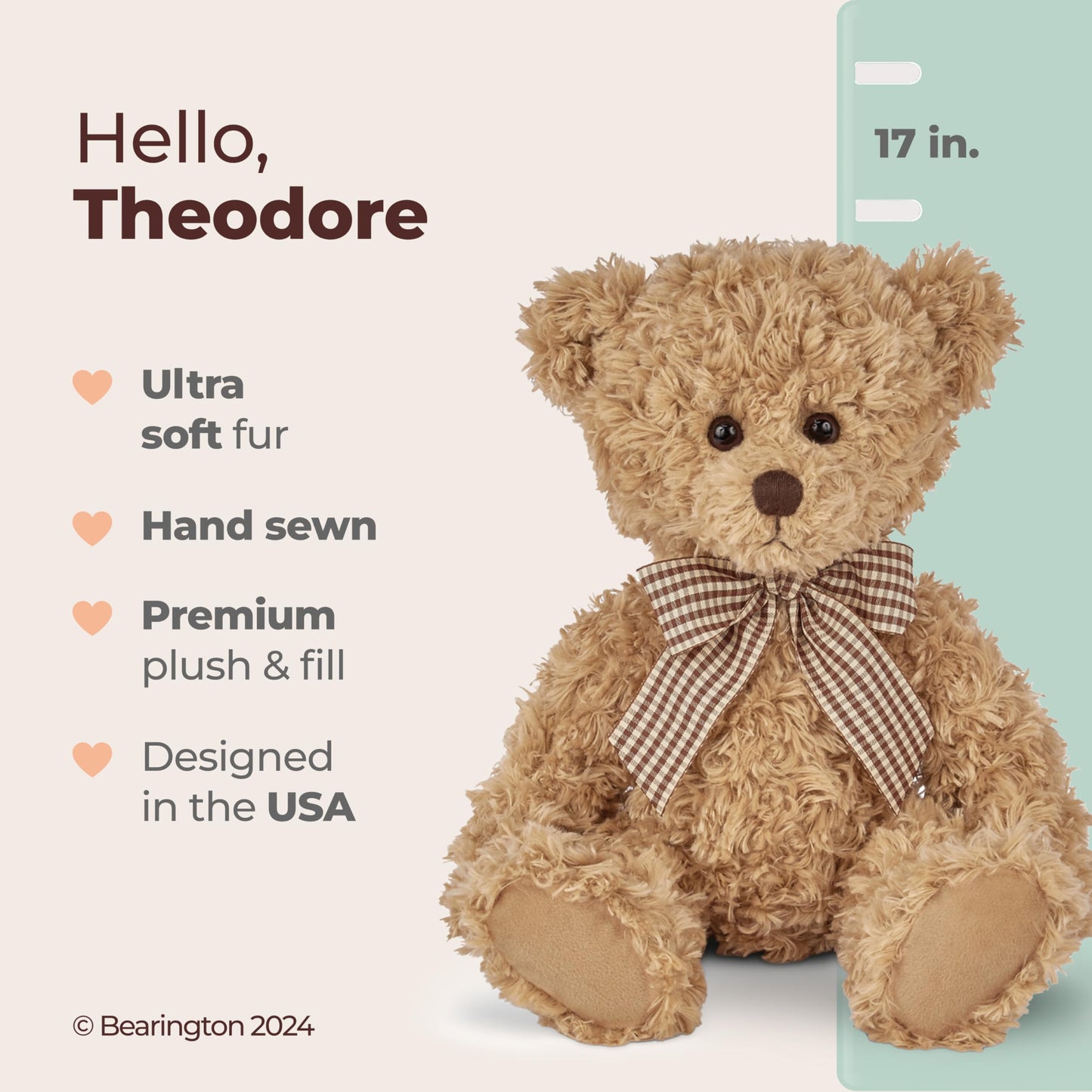 Bearington Theodore Teddy Bear Stuffed Animal - 17" Soft Teddy Bear Plush Toy with Fluffy Fur and Huggable Design - Adorable Classic Cuddly Gift